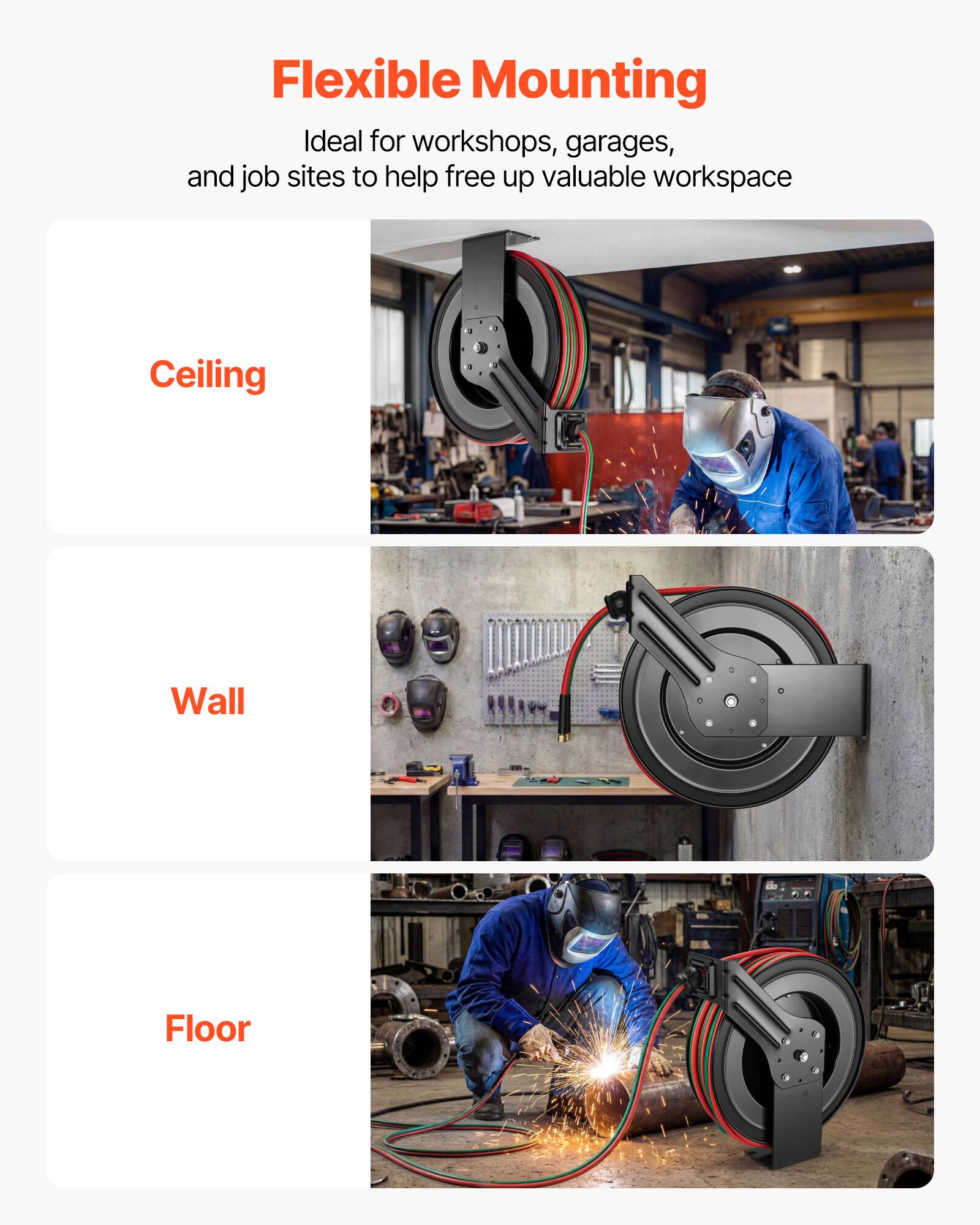 Flexible Mounting  
Ideal for workshops, garages, and job sites to help free up valuable workspace  

Ceiling  
Wall  
Floor