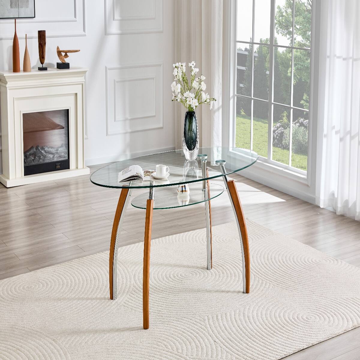Front. Loheer - Loheer Oval Glass Coffee Table with Two-Tier Storage Shelf, Mid-Century Modern Design - Oak.