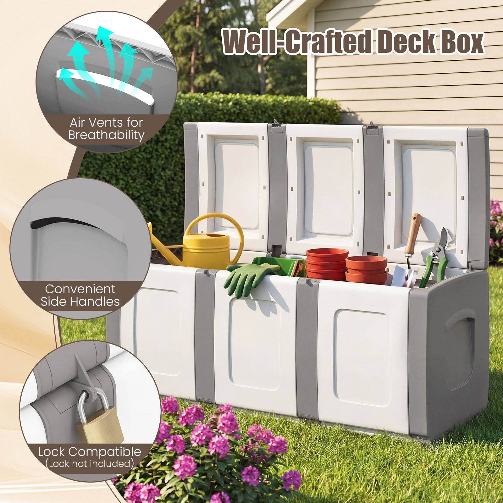 Well-Crafted Deck Box

- Air Vents for Breathability
- Convenient Side Handles
- Lock Compatible (Lock not included)