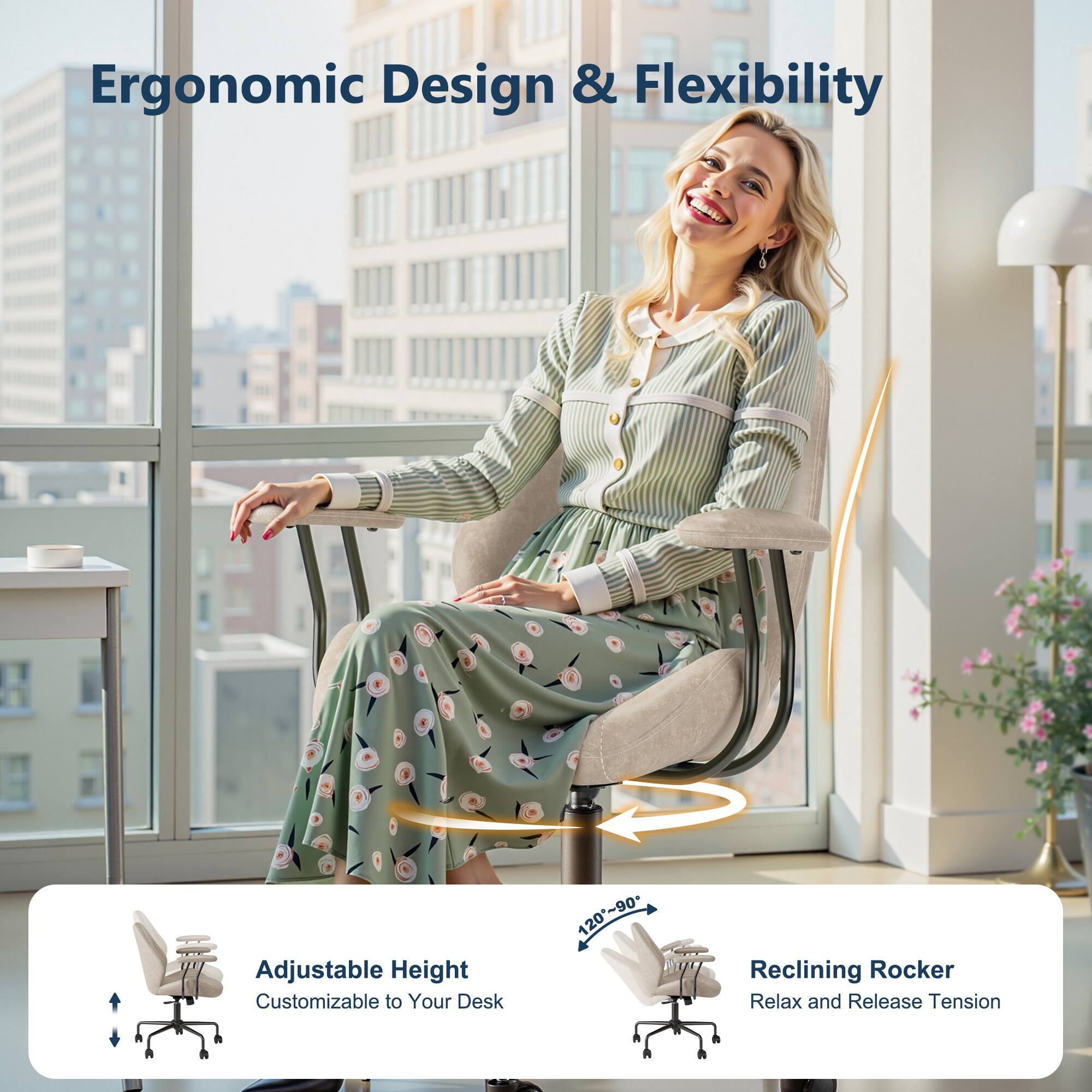 Ergonomic Design & Flexibility

Adjustable Height  
Customizable to Your Desk

Reclining Rocker  
Relax and Release Tension