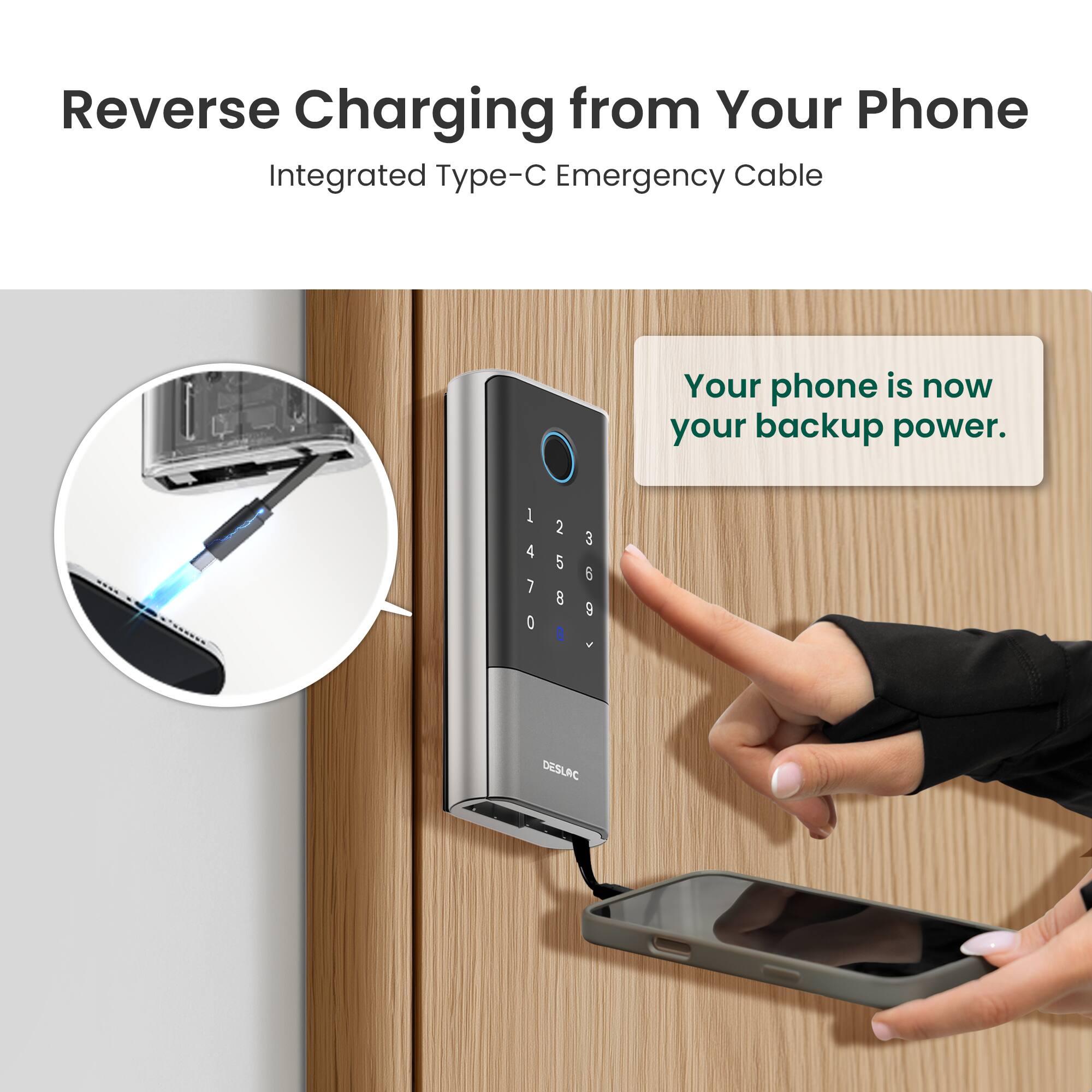 Reverse Charging from Your Phone  
Integrated Type-C Emergency Cable  

Your phone is now your backup power.  

1 2 3  
4 5 6  
7 8 9  
0  

DESLAC