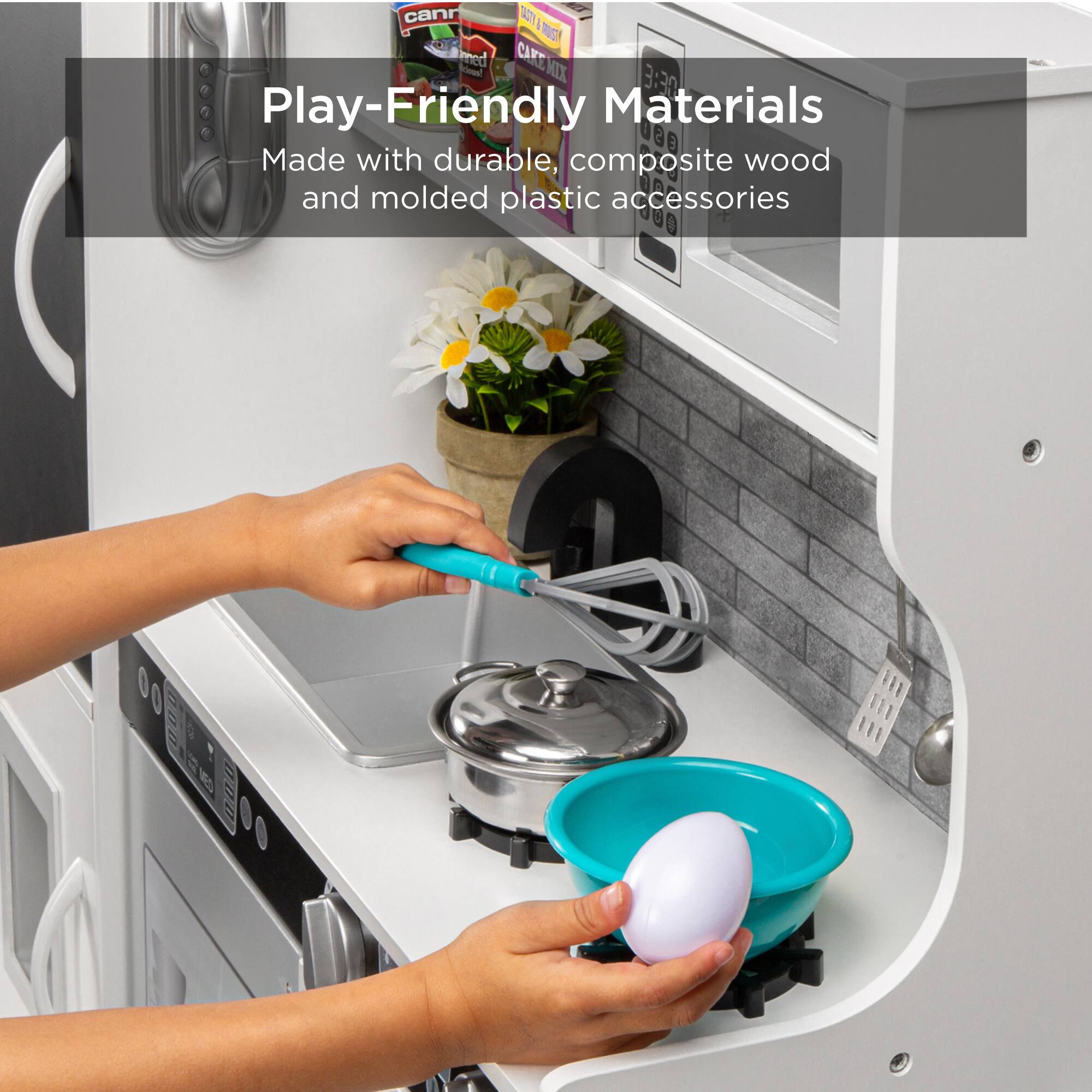 Play-Friendly Materials  
Made with durable, composite wood and molded plastic accessories