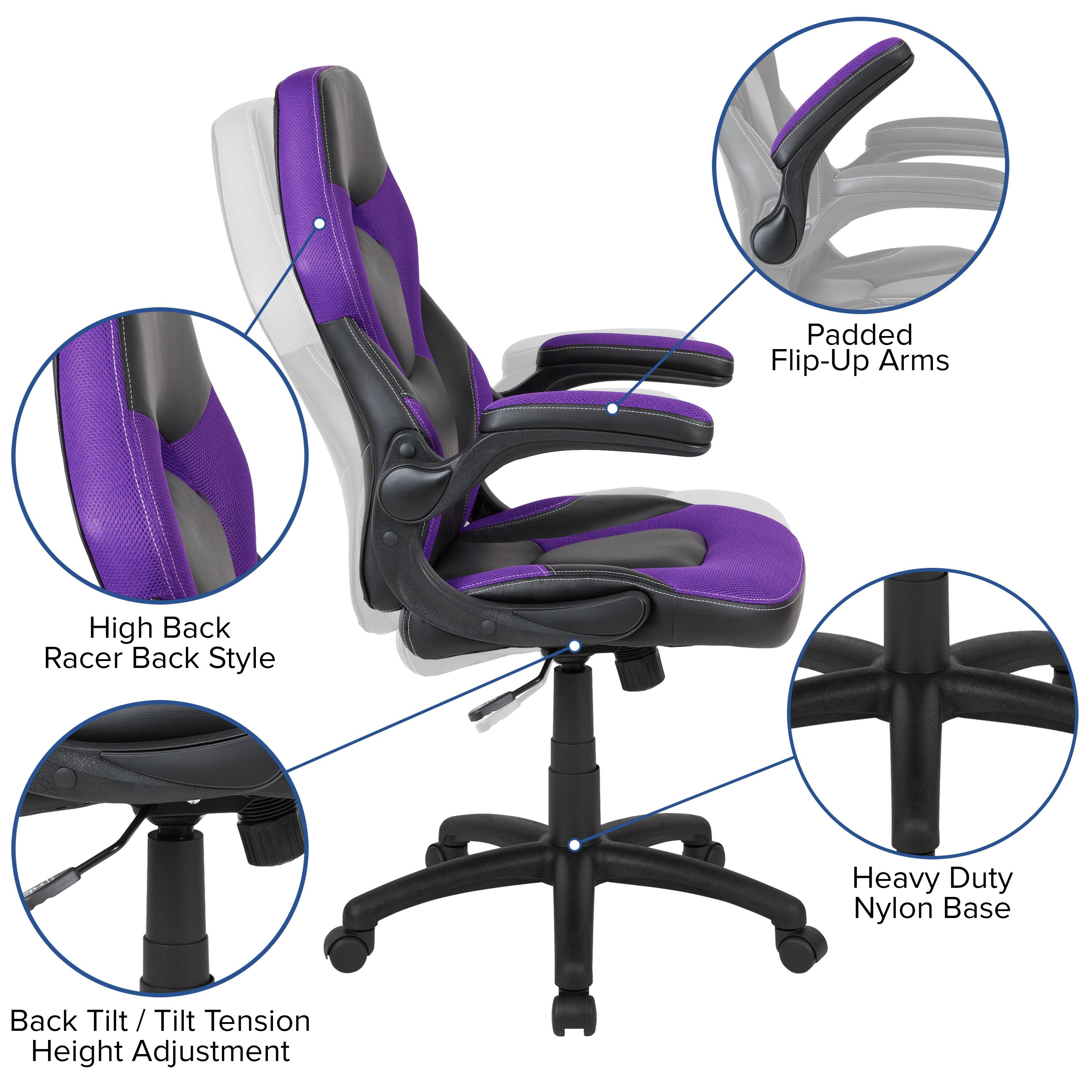 Padded Flip-Up Arms  
High Back Racer Back Style  
Heavy Duty Nylon Base  
Back Tilt / Tilt Tension Height Adjustment