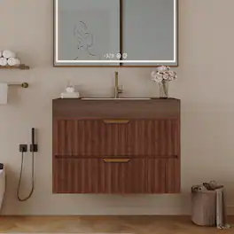Loheer - 30 inch floating bathroom vanity Wall Mounted Vanity with Sintered Stone Top - Walnut