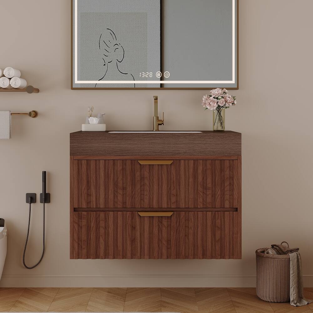 Front. Loheer - Loheer 30 inch floating bathroom vanity Walnut Wall Mounted Vanity with Sintered Stone Top - Walnut.