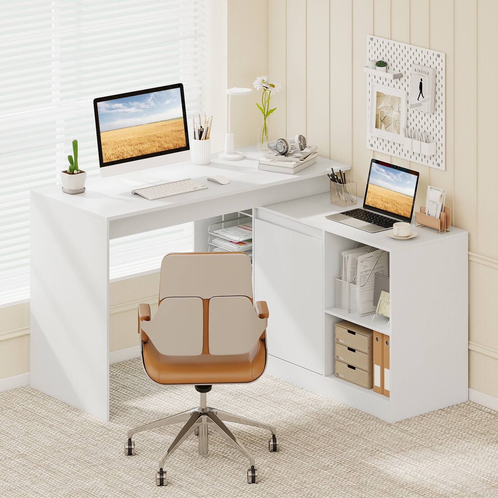 Alt View 1. Gymax - Gymax 48'' Reversible L-shaped Computer Desk w/2 Doors 4 Open Storage Cubes for Office White - White.
