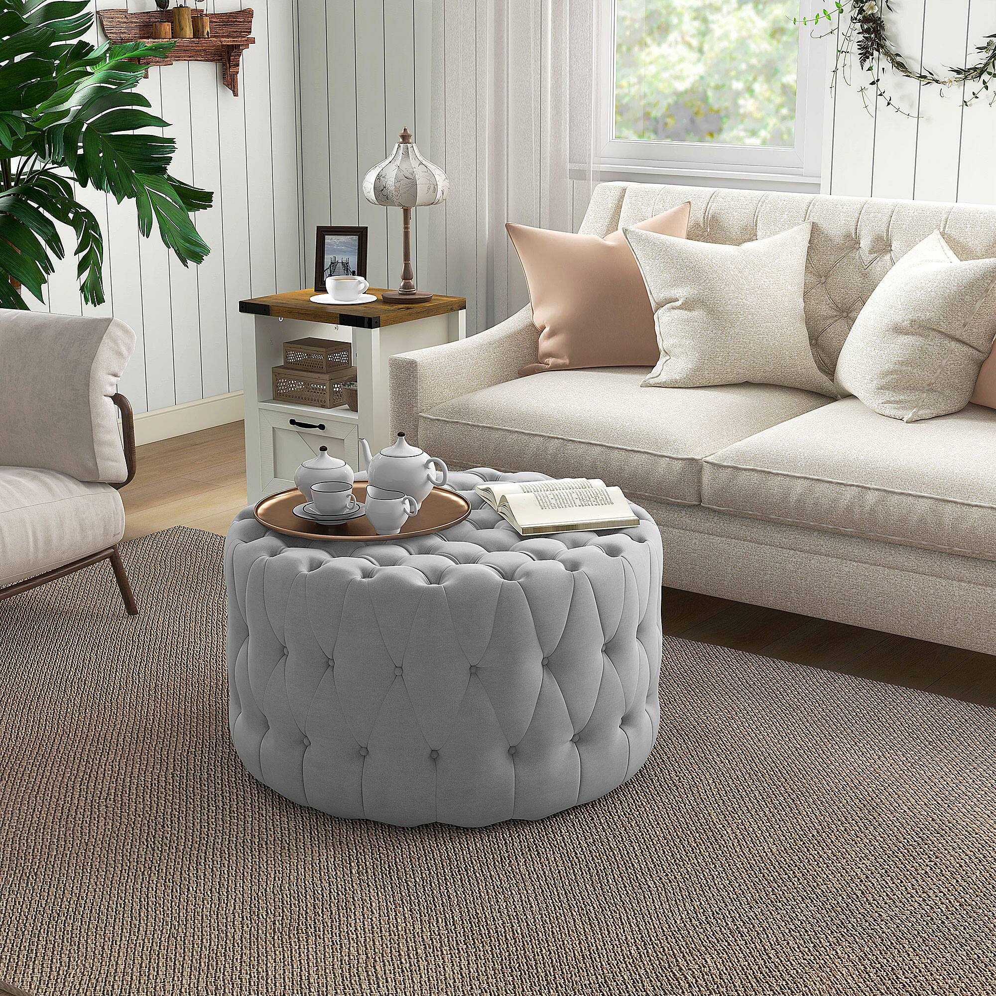 Alt View 9. Homcom - 31.5" Round Ottoman, Large Velvet-Feel Upholstered Foot Stool with Button Tufted Design and Padded Seat for Living Room - Light Grey.