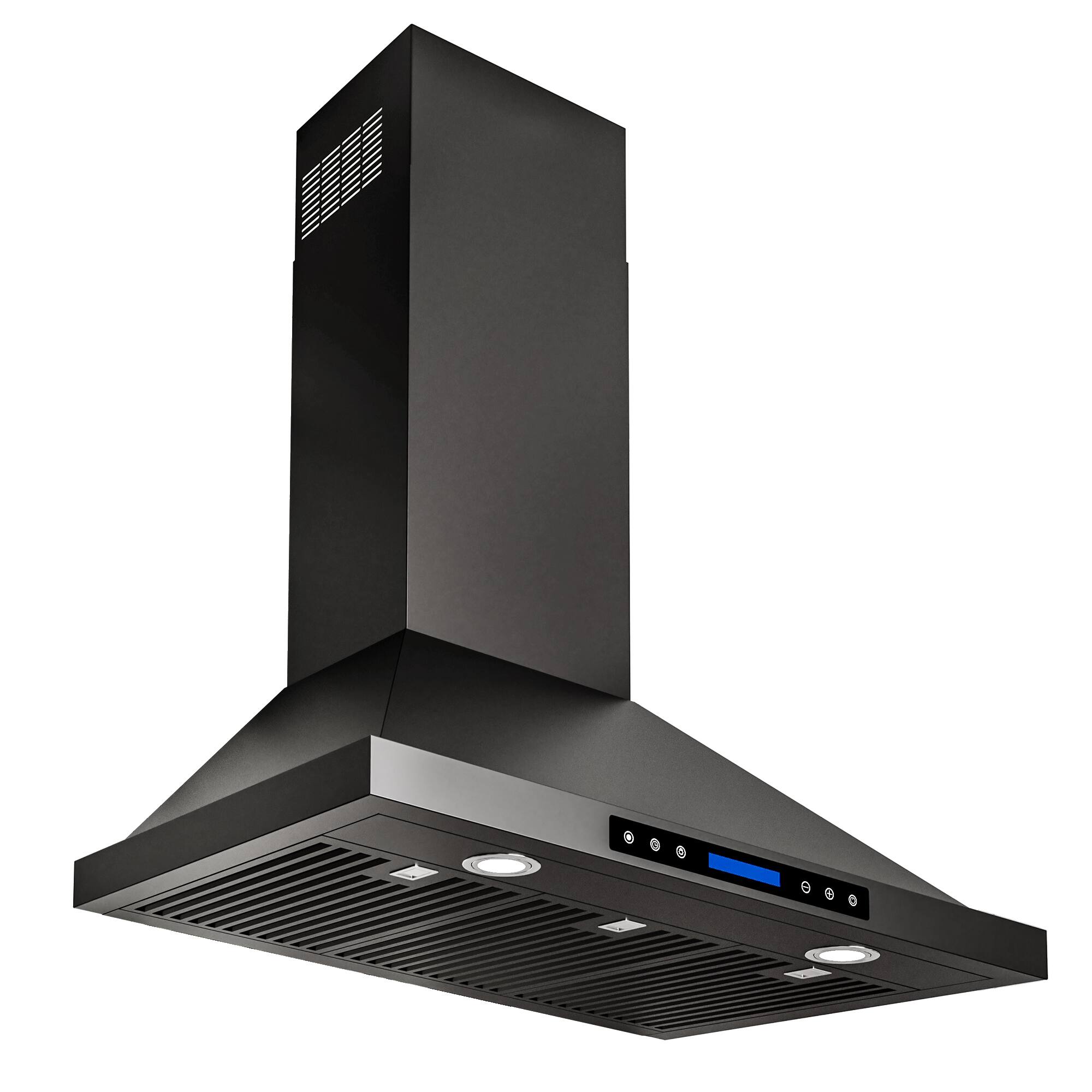 Angle. Onefly - 36 inches - Convertible - Wall Mount Range Hood - Black Stainless Steel.