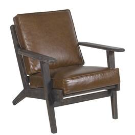 Manhattan Lane - Amber Accent Chair, Handcrafted Slatted Mango Wood, Buffalo Leather Cushions, Angled Legs - Brown