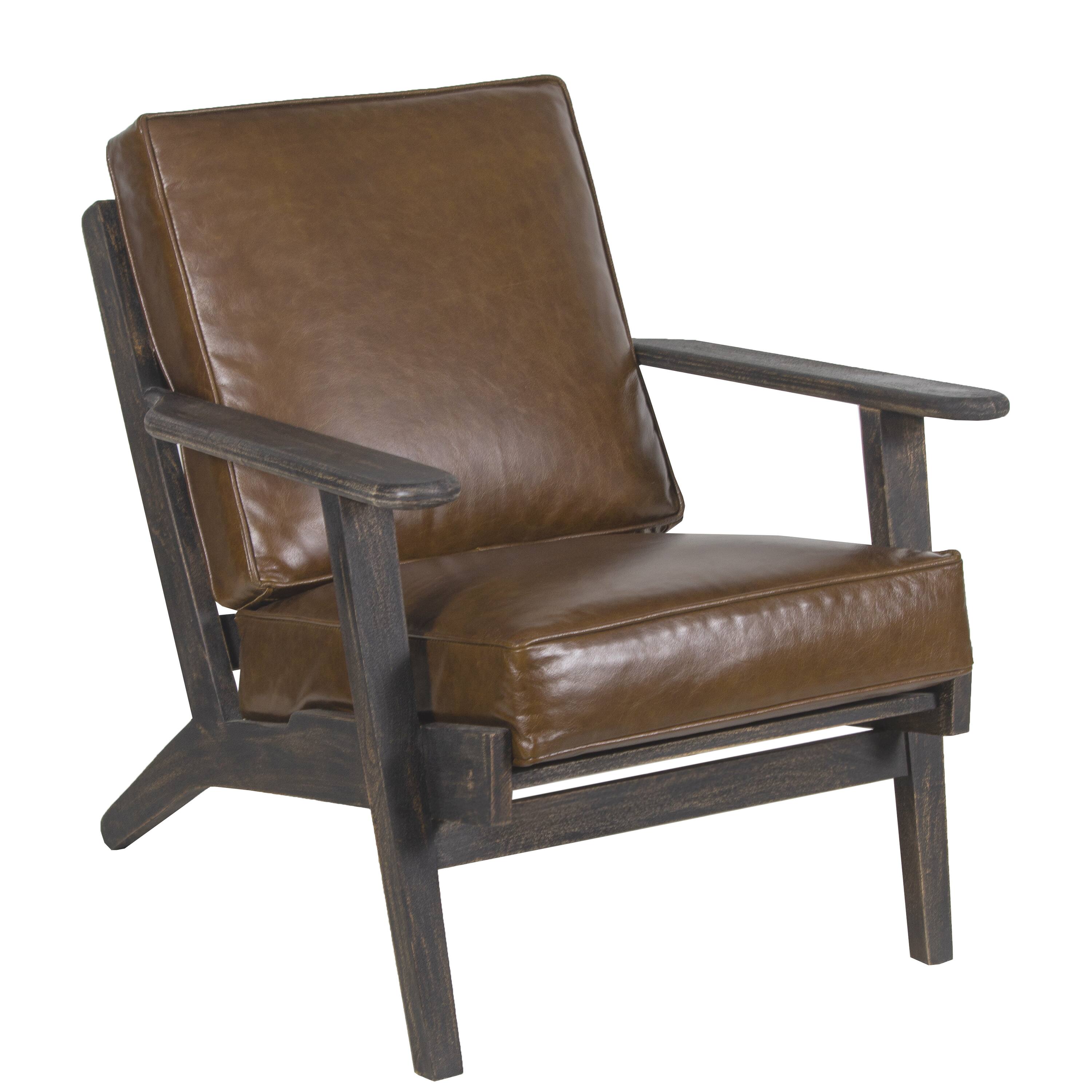 Front. Manhattan Lane - Amber Accent Chair, Handcrafted Slatted Mango Wood, Brown Buffalo Leather Cushions, Angled Legs - Brown.