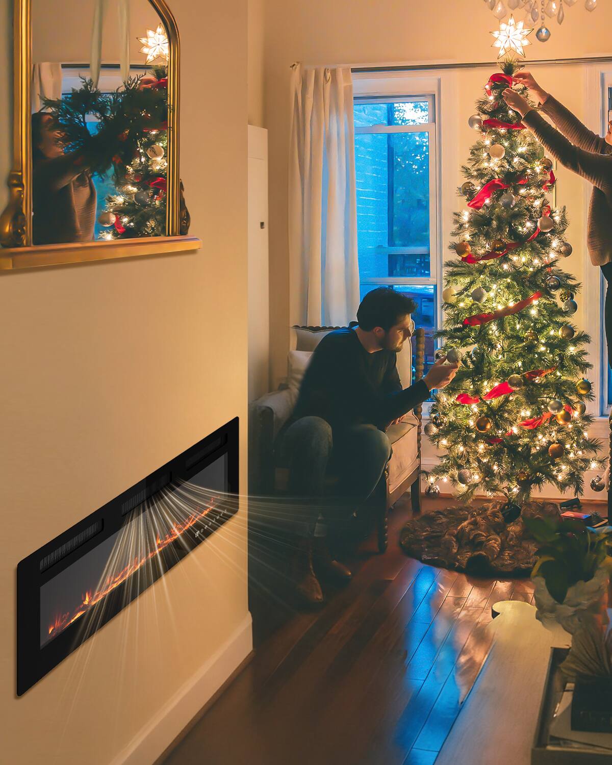 Alt View 6. Fehokinch - 70" Electric Fireplace Insert - Recessed or Wall Mounted - 15 Multi-Color Flame Options, 1500W/750W Heater, 12H Timer.