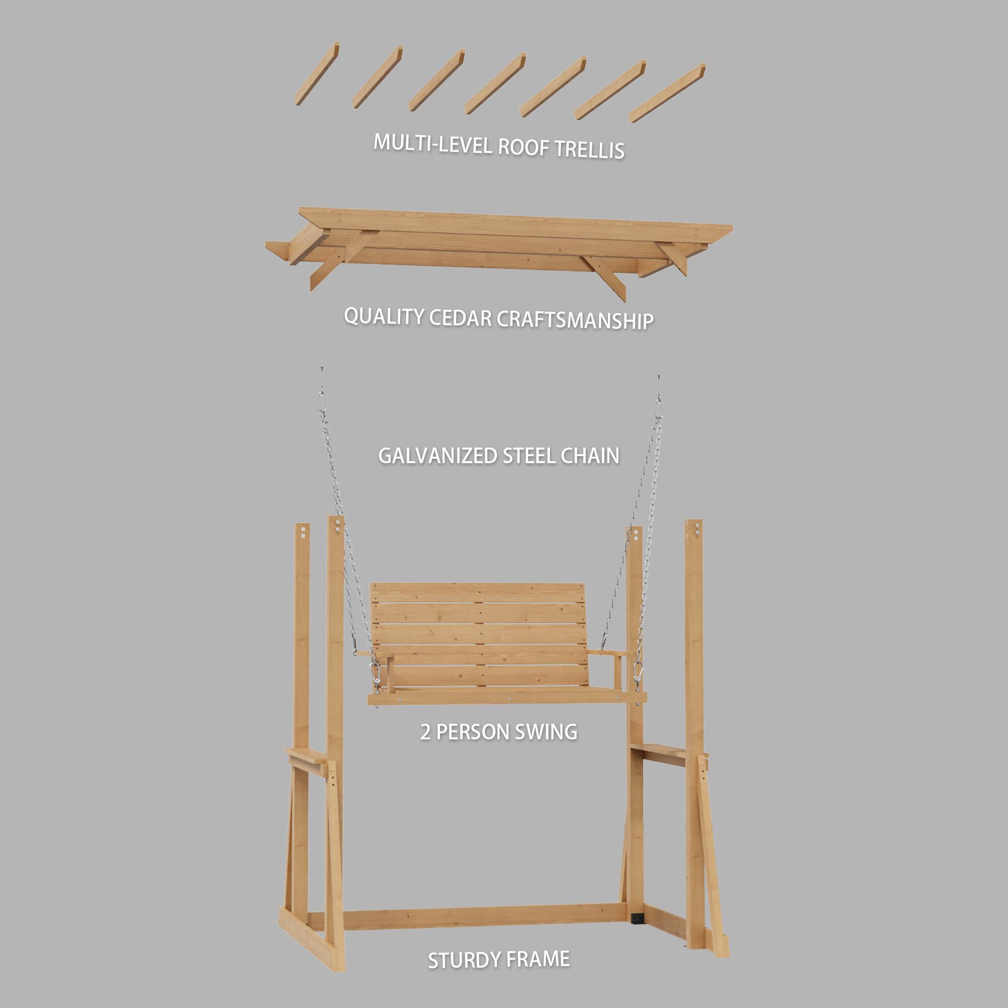 - MULTI-LEVEL ROOF TRELLIS
- QUALITY CEDAR CRAFTSMANSHIP
- GALVANIZED STEEL CHAIN
- 2 PERSON SWING
- STURDY FRAME