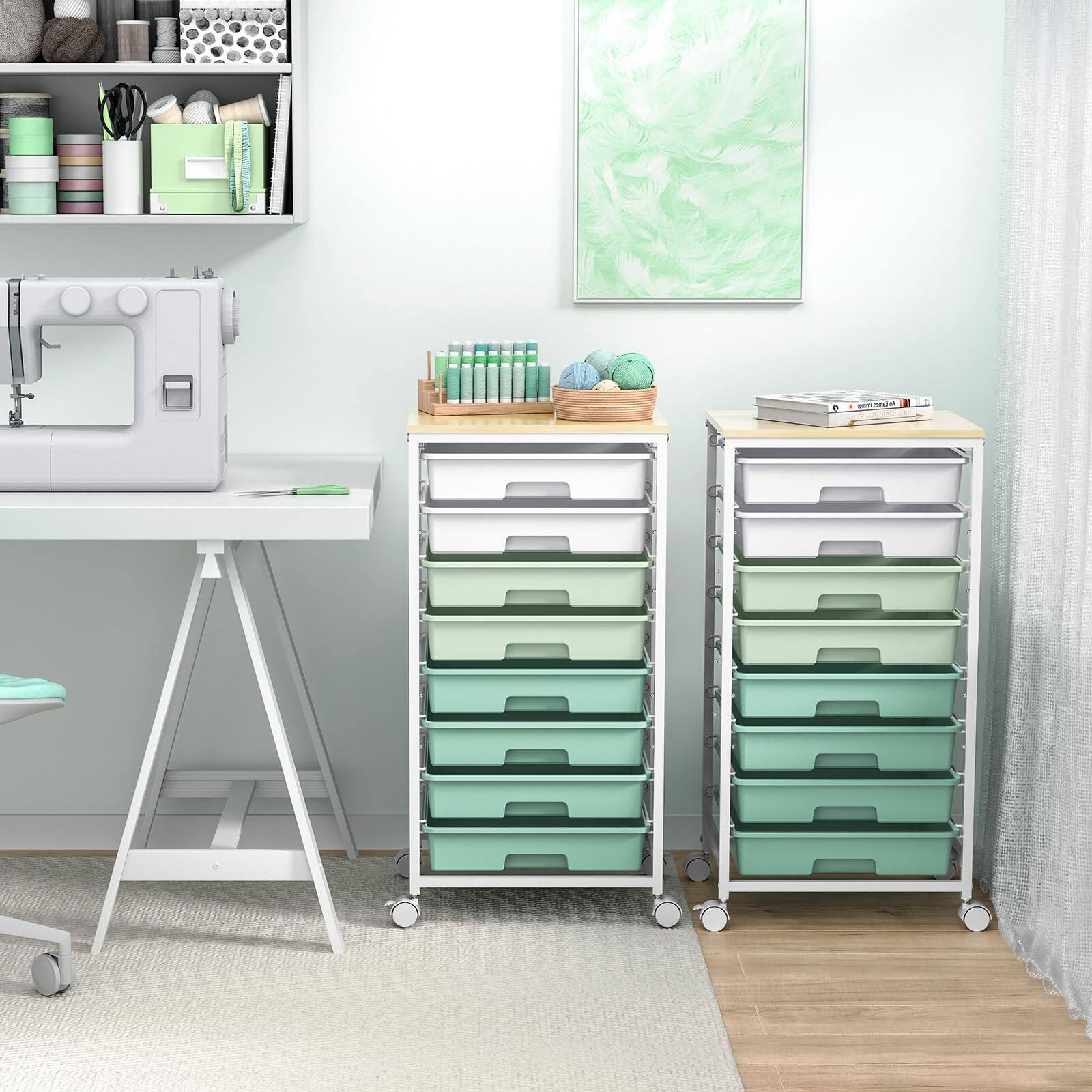 Alt View 5. JETRANSPORT - Rolling Storage Utility Cart Organizers With 8 Drawers And Wooden Tabletop For Living Room Office - Rose Pink.