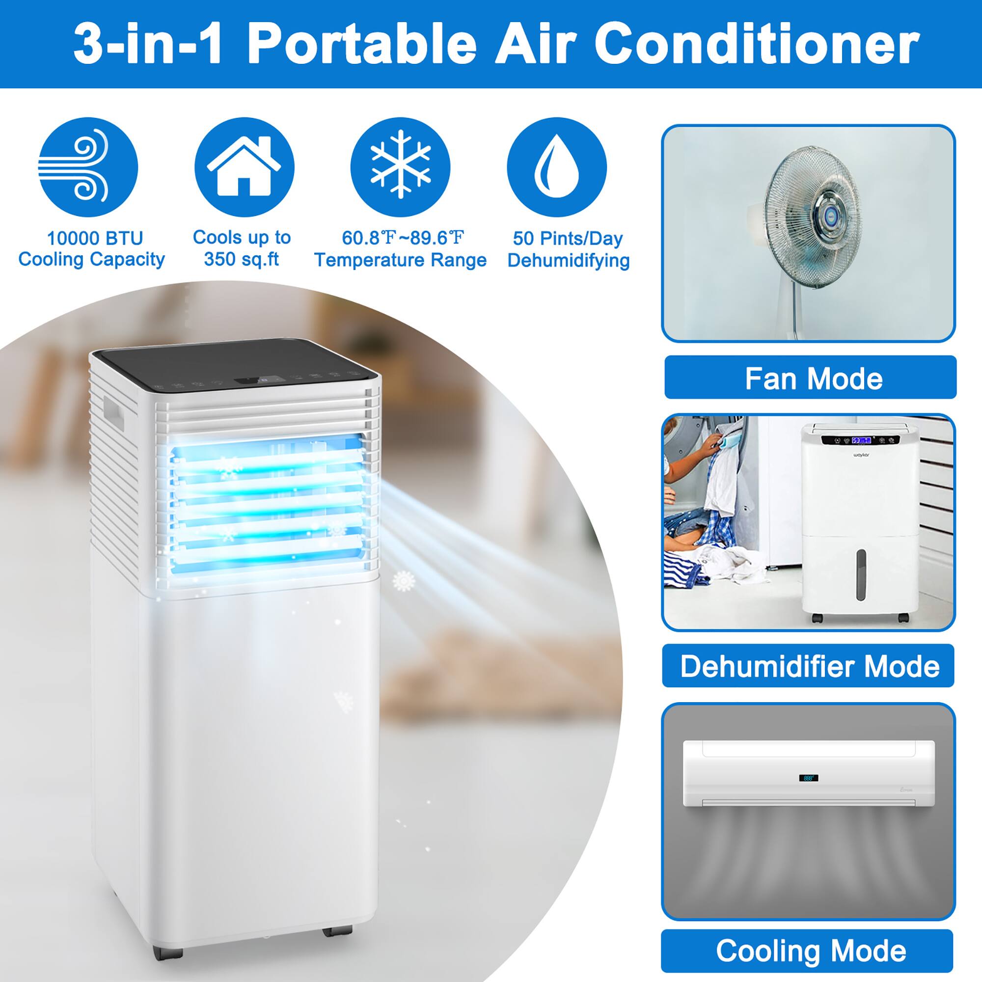 3-in-1 Portable Air Conditioner:

* 10000 BTU cooling capacity
* Cools up to 60.8F-89.6F
* 50 Pints/Day cooling capacity
* 350 sq.ft temperature range
* Dehumidifying fan mode
* Dehumidifier mode
* Cooling mode