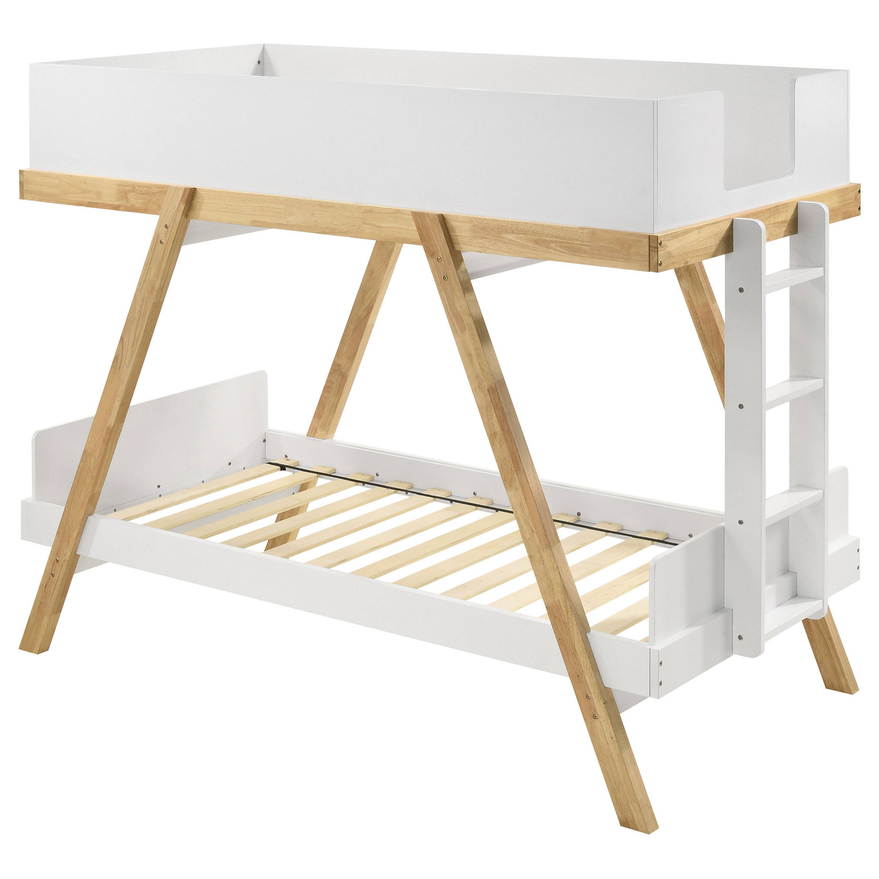 Alt View 2. Manhattan Lane - Anky Twin Size Bunk Bed, Brown Wood, 3 Side Panel Rails, Ladder - White, Brown.