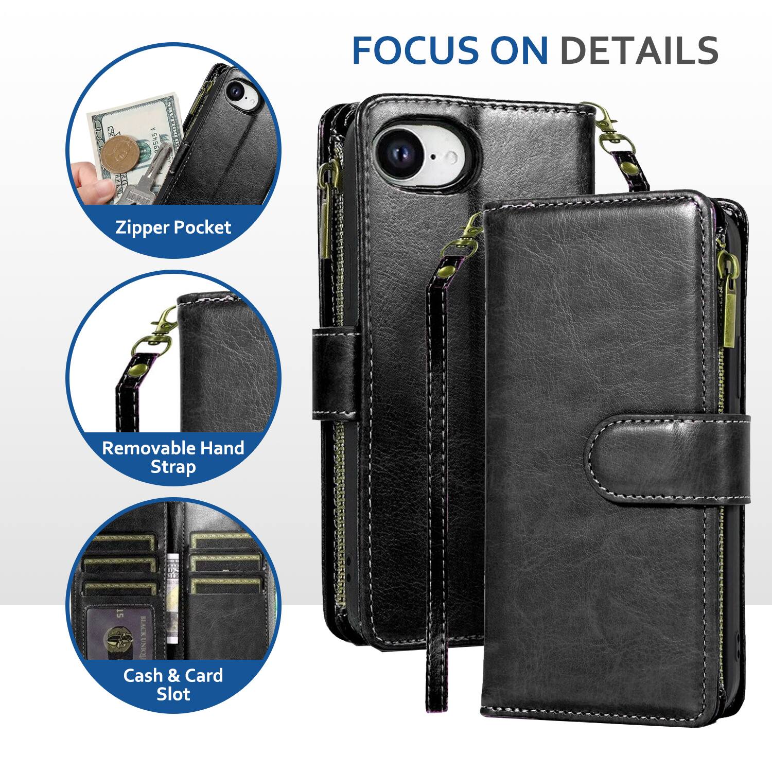 a JS 20S 3545A - p FOCUS ON DETAILS  
Zipper Pocket  
Removable Hand Strap  
Cash & Card Slot
