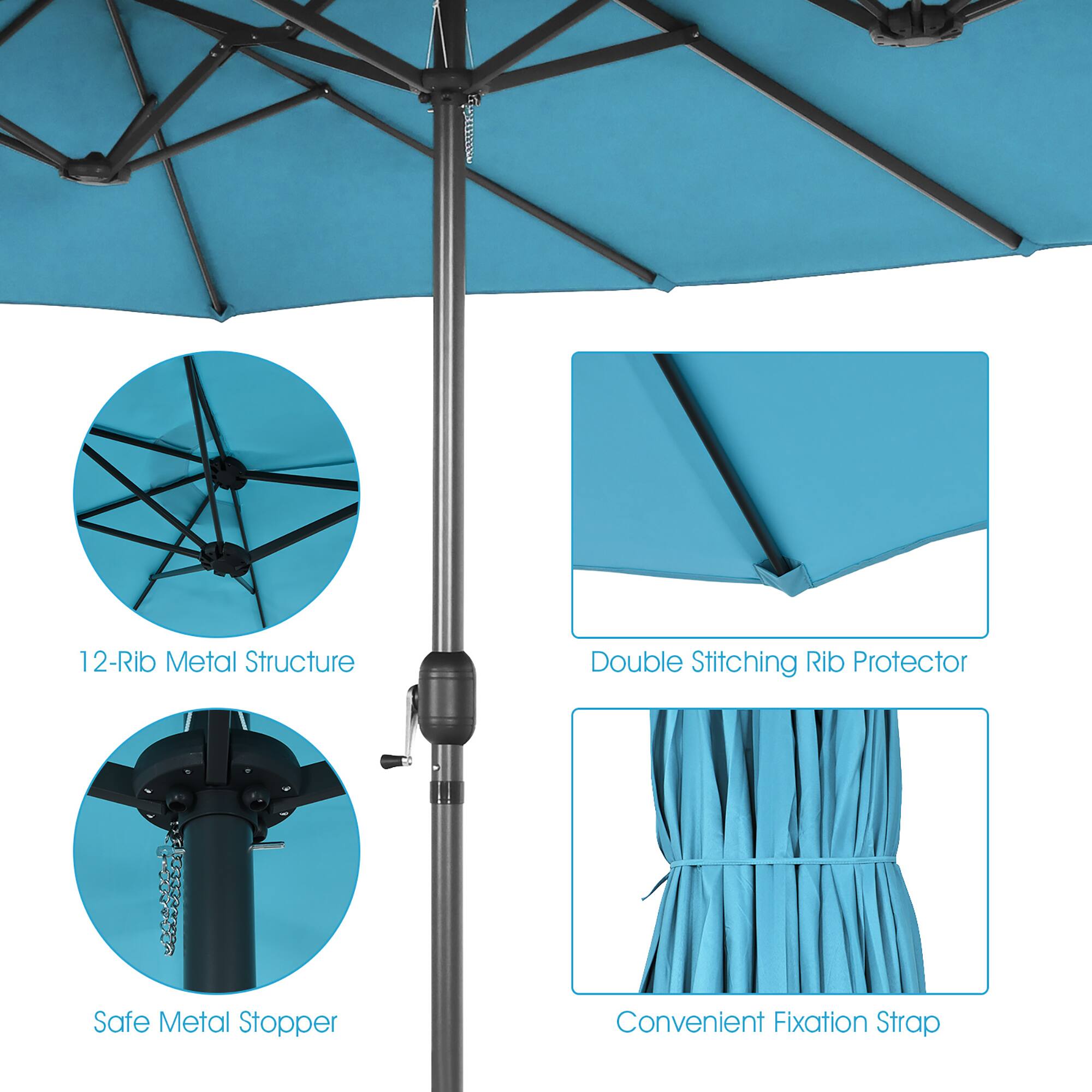 The text on the image is grouped as follows:

1. 12-Rib Metal Structure
2. Double Stitching Rib Protector
3. Safe Metal Stopper
4. Convenient Fixation Strap
