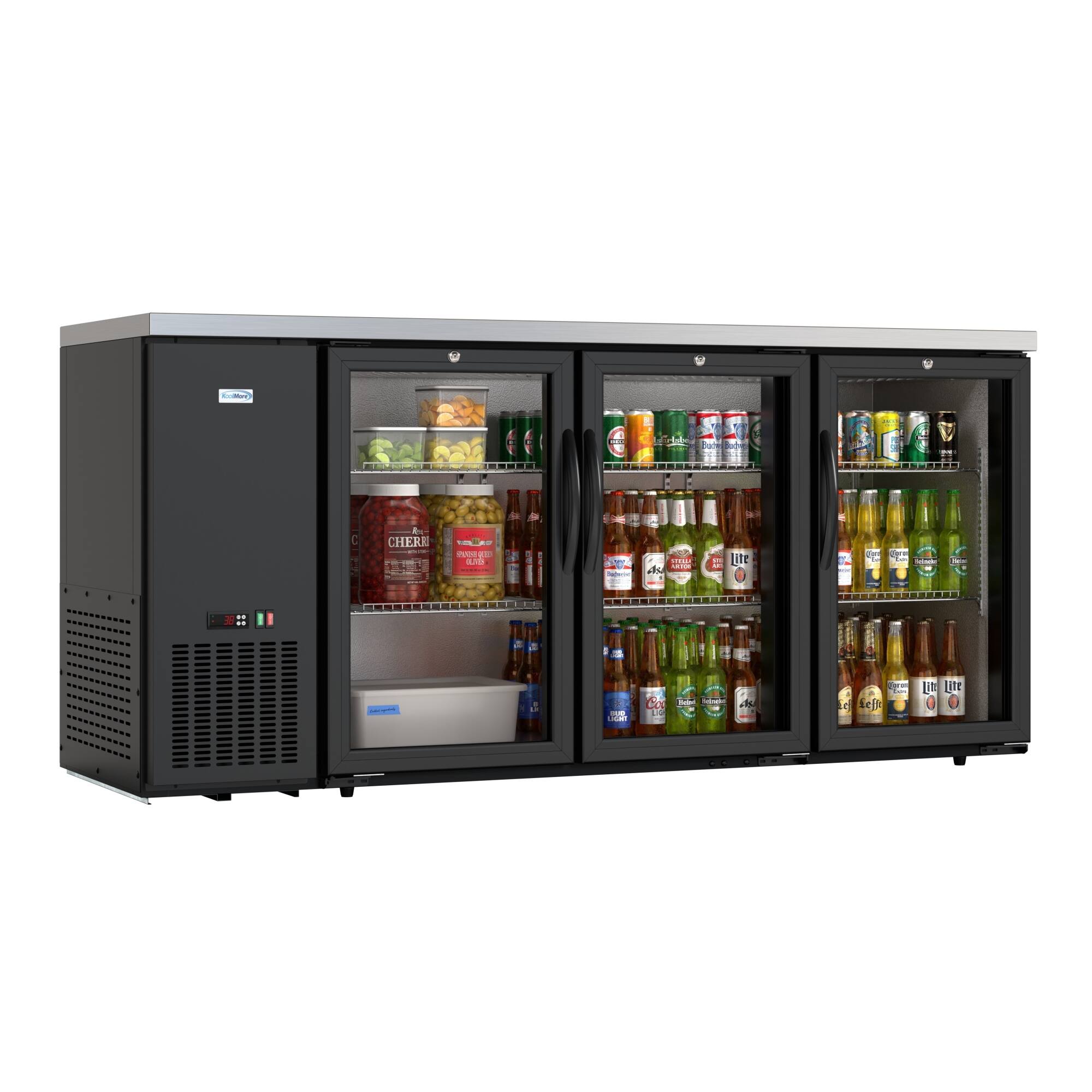 The image shows a refrigerator with two doors open, revealing a variety of drinks inside. There are multiple bottles of beer, soda, and juice stored in the refrigerator. The refrigerator is full of drinks, making it an ideal choice for a party or gathering.