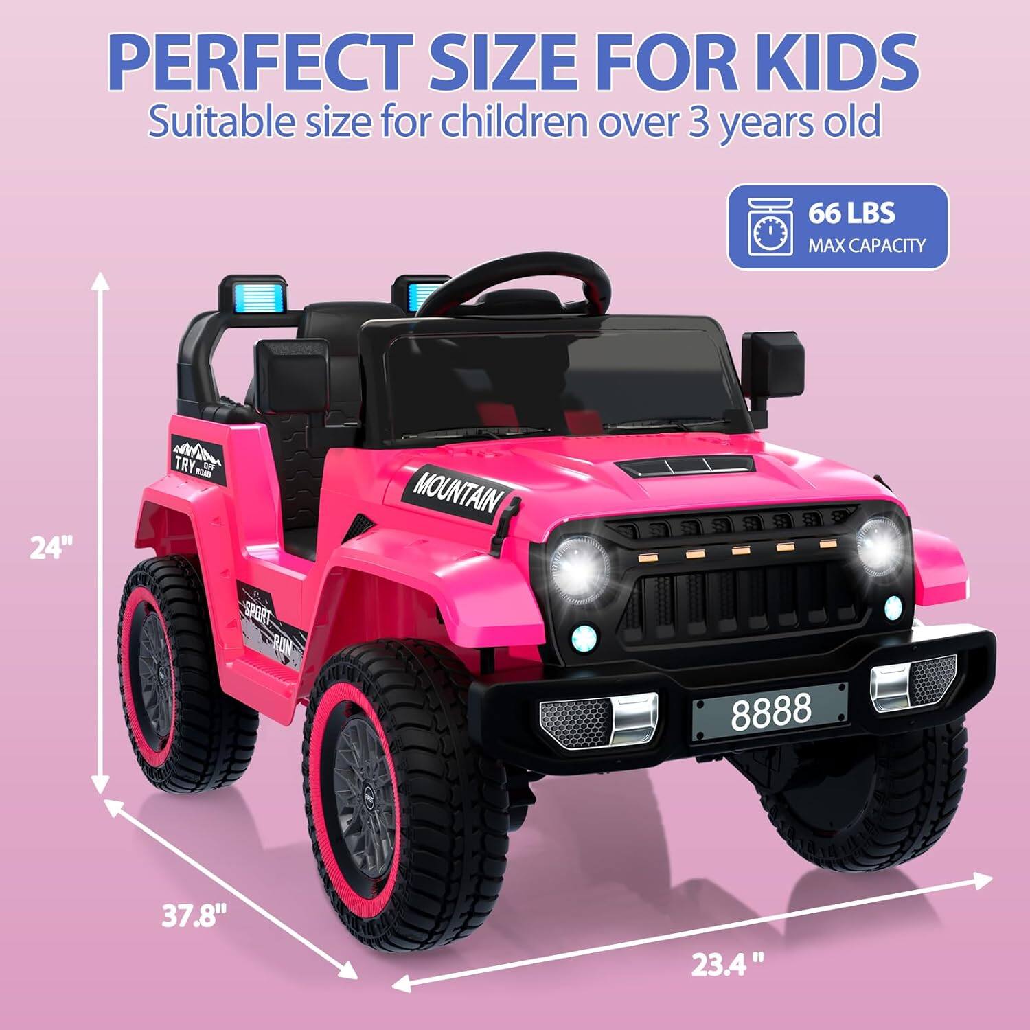 PERFECT SIZE FOR KIDS  
Suitable size for children over 3 years old  

66 LBS MAX CAPACITY  

24"  
37.8"  
23.4"  

TRY  
MOUNTAIN SPORT  
8888