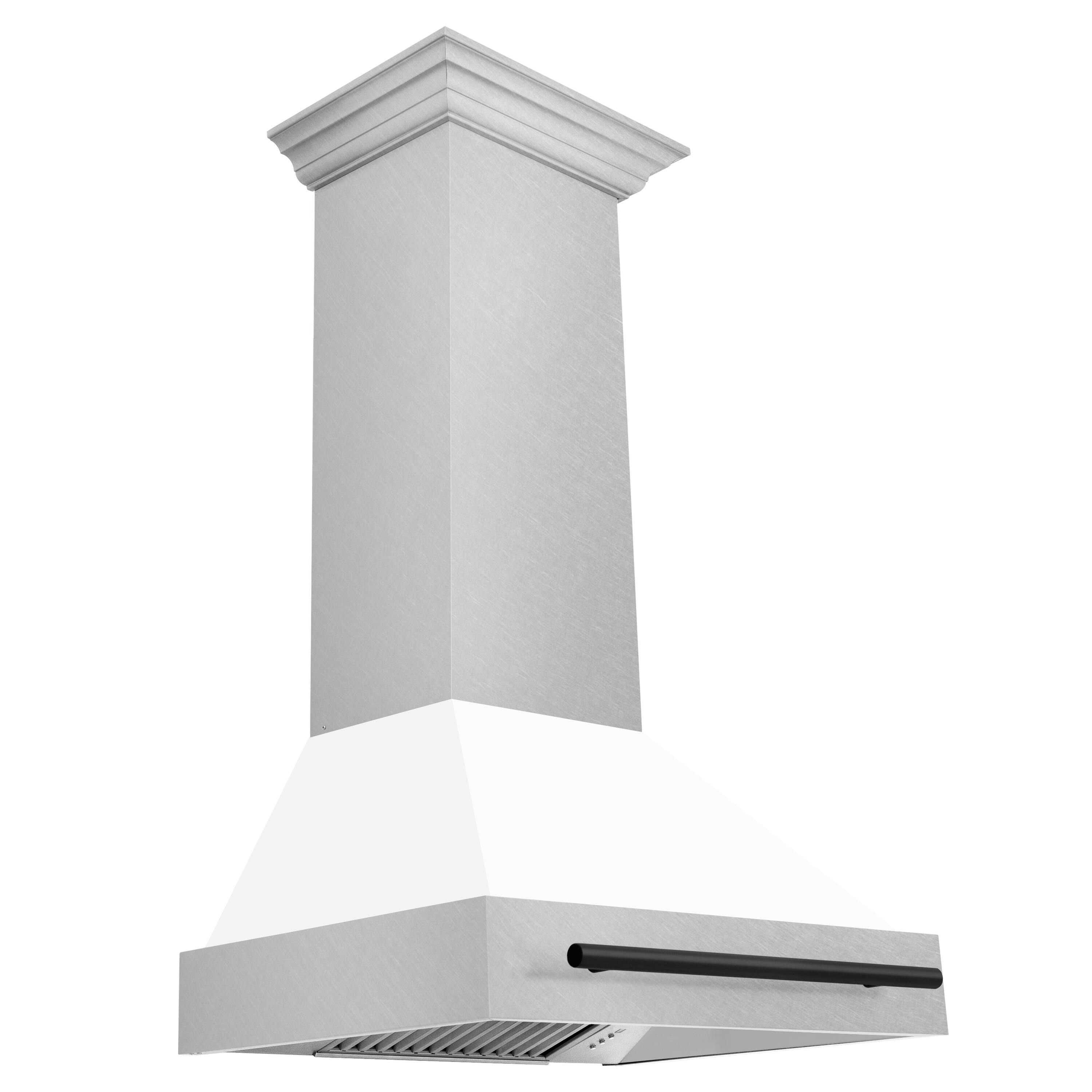 Left. ZLINE - ZLINE Autograph Edition 30 in. Satin Stainless Steel Wall Mount Range Hood with White Matte Shell and Matte Black Handle - Satin Stainless Steel with White Matte Shell.