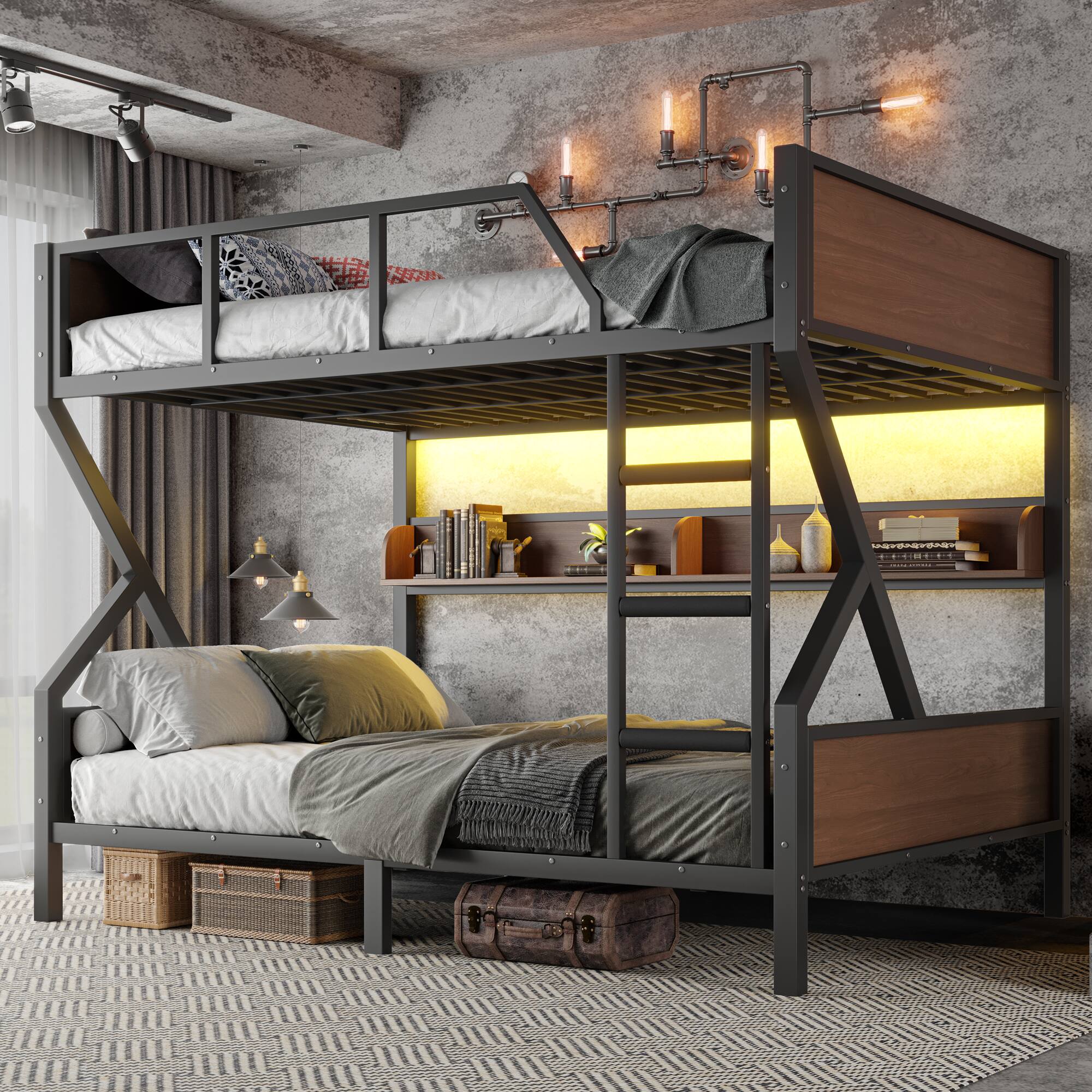 Angle. Anysun - Queen over Full Bunk Bed, Metal w/ Storage Shelves & Lights, Space-Saving & Noise-Free Design - Black.