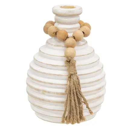 Front. BreeBe - Distressed White Wooden Beaded Athens Vase - 6"H - White, Natural.