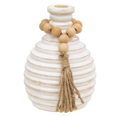 Front. BreeBe - Distressed White Wooden Beaded Athens Vase - 6"H - White, Natural.