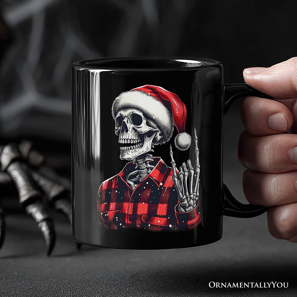 Left. OrnamentallyYou - Buffalo Plaid Christmas Skeleton Mug, Brutal Guys Gift - Black.