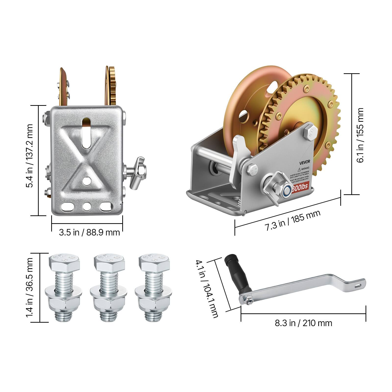 5.4 in / 137.2 mm  
3.5 in / 88.9 mm  
6.1 in / 155 mm  
7.3 in / 185 mm  
1.4 in / 36.5 mm  
4.1 in / 104.1 mm  
8.3 in / 210 mm
