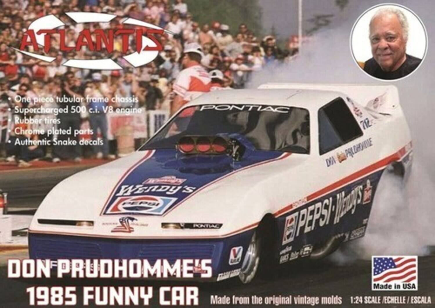 ATLANTIS

One piece tubular frame chassis  
Supercharged 500 c.i. V8 engine  
Rubber tires  
Chrome plated parts  
Authentic Snake decals  

PONTIAC  
DON PRUDHOMME'S  
1985 FUNNY CAR  
Made from the original vintage molds  
1:24 SCALE / ECHELLE / ESCALA  

Made in USA