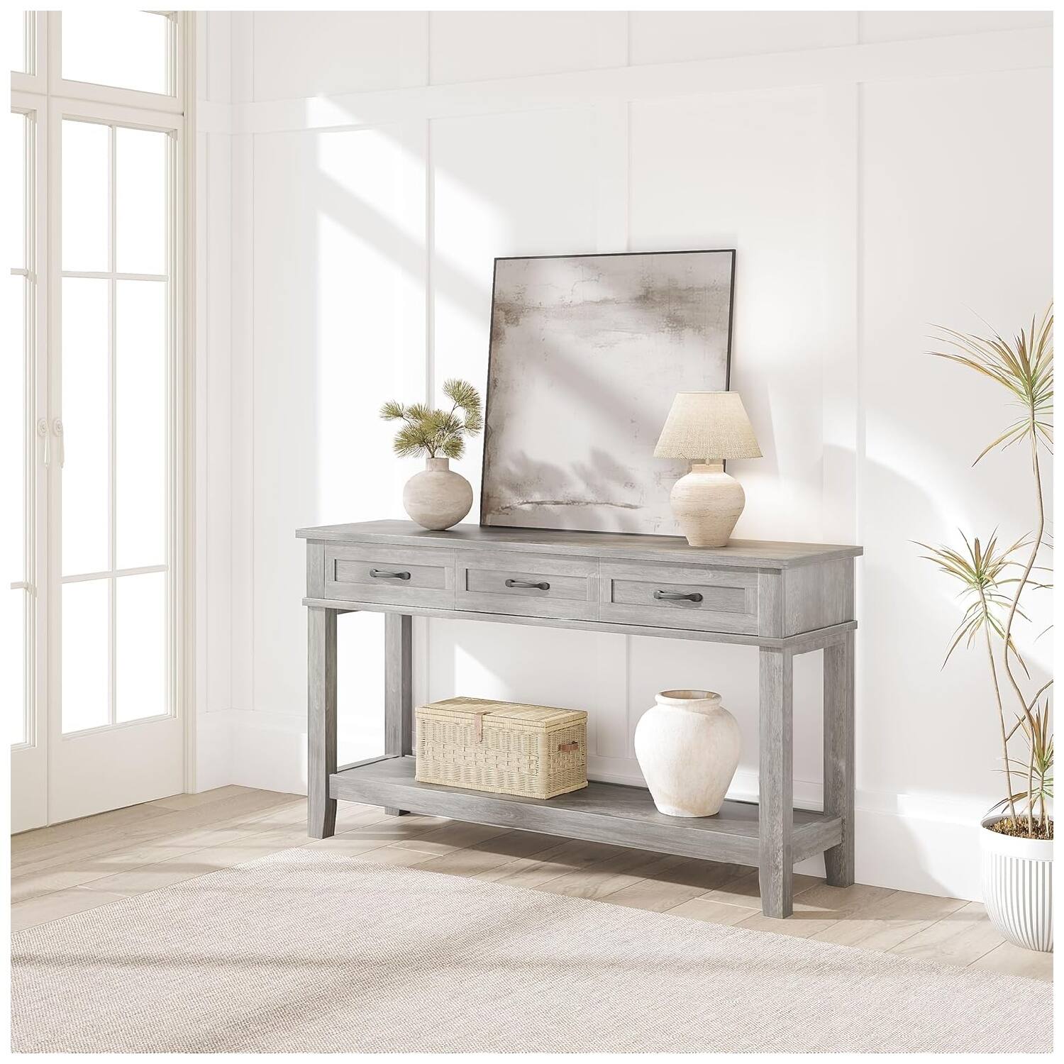 Back. GARVEE - Entryway Table, Console Table with 3 Storage Drawers, 3 Tier Farmhouse Wooden Sofa Table - Grey.