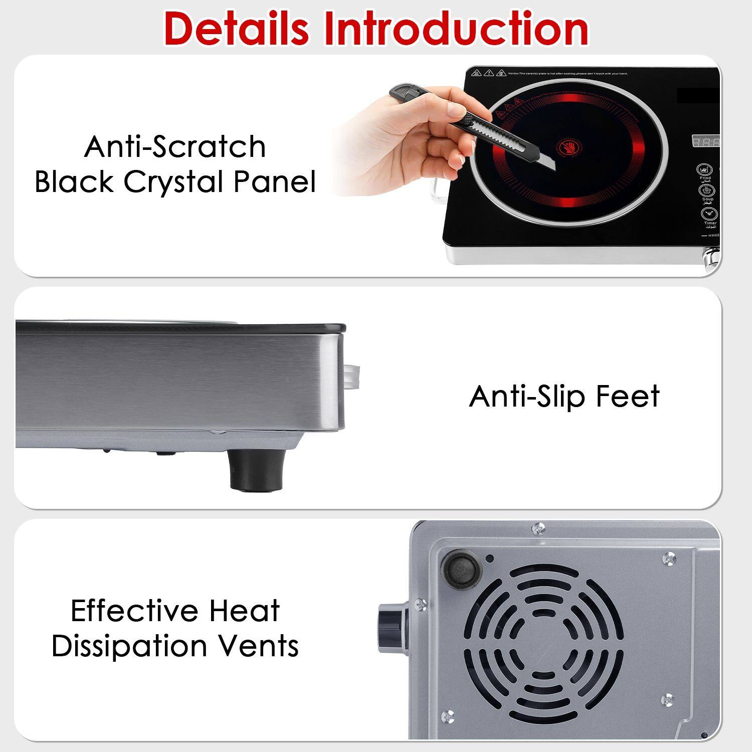 Details Introduction

- Anti-Scratch Black Crystal Panel
- Anti-Slip Feet
- Effective Heat Dissipation Vents