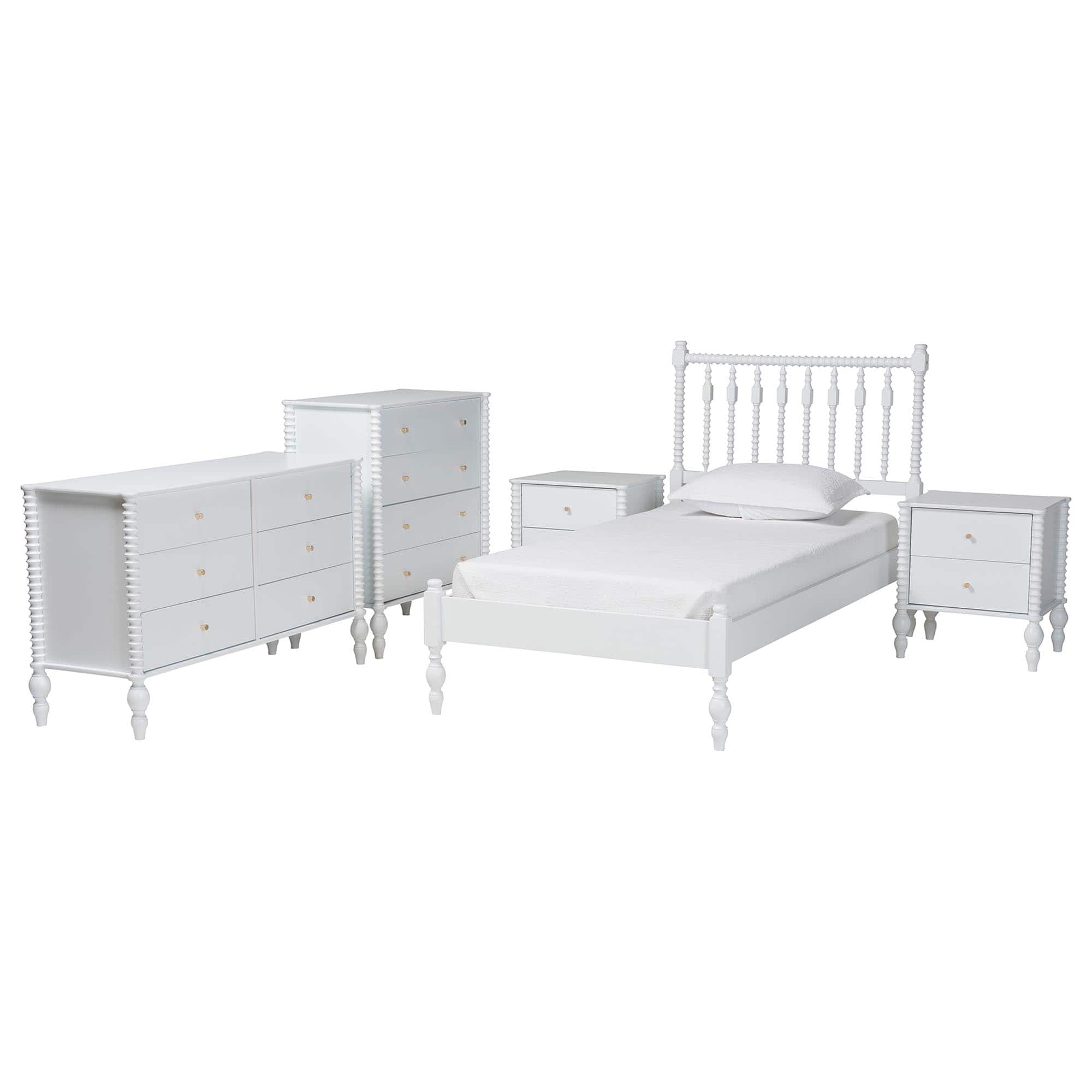 Baxton Studio - Callison Spindle 5-Piece Bedroom Set - Platform Bed with Matching Dresser, Chest, and 2-Drawer Nightstands, Twin - White