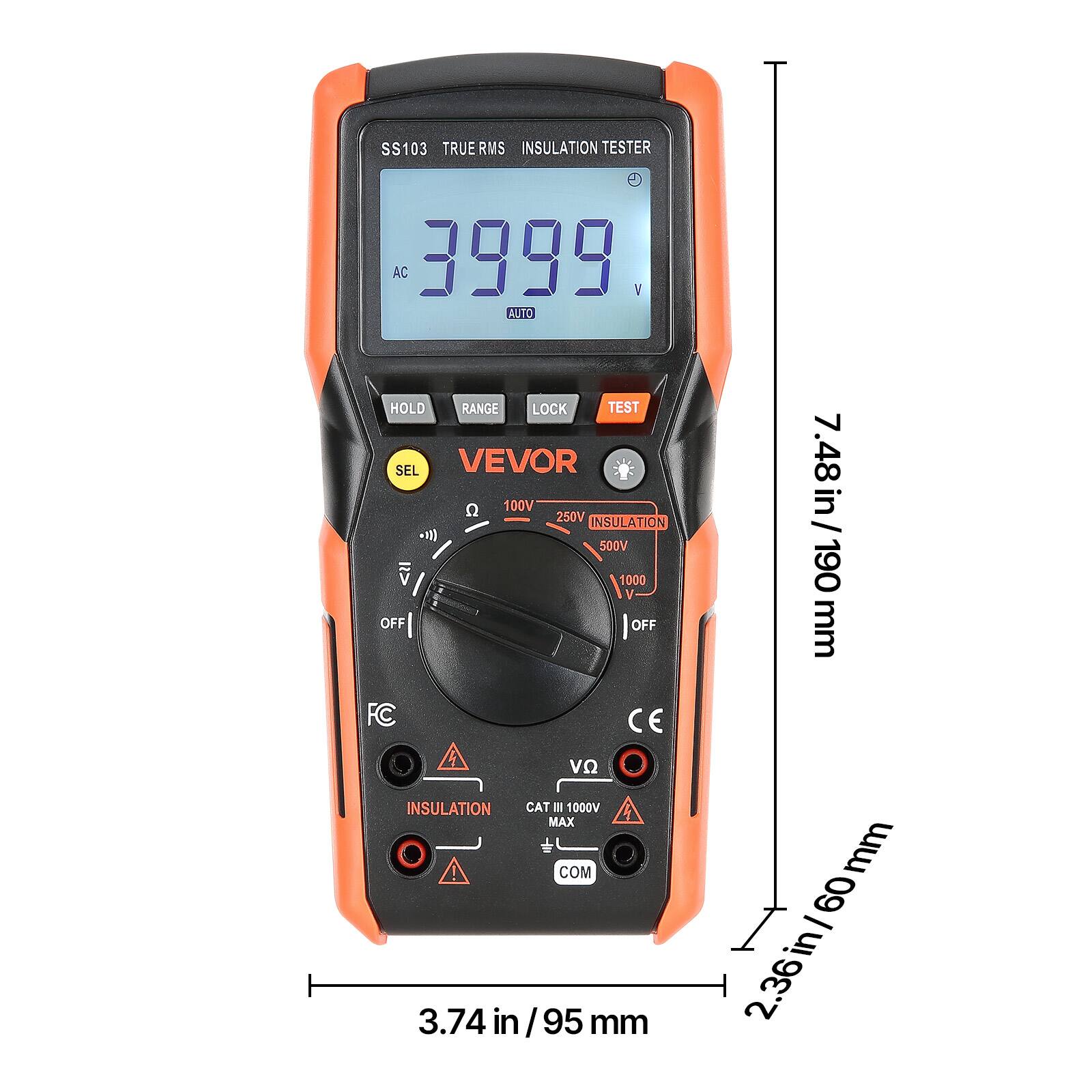 SS103 TRUE RMS INSULATION TESTER AC 3999 V AUTO HOLD RANGE LOCK TEST SEL VEVOR Q 100V 250V INSULATION SODV V 1000 V OFF OFF 7.48in/190 190 mm FC CE VQ INSULATION CAT II 1000V MAX COM 3.74 in /95 mm mm 09 - in 2.36