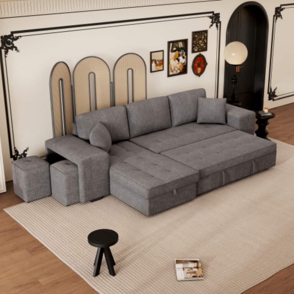 LUCKY ONE - 104.5" L-Shape Reversible Pull-Out Sleeper Sectional Sofa w/ Storage Chaise & 2 Stools - Knox Charcoal
