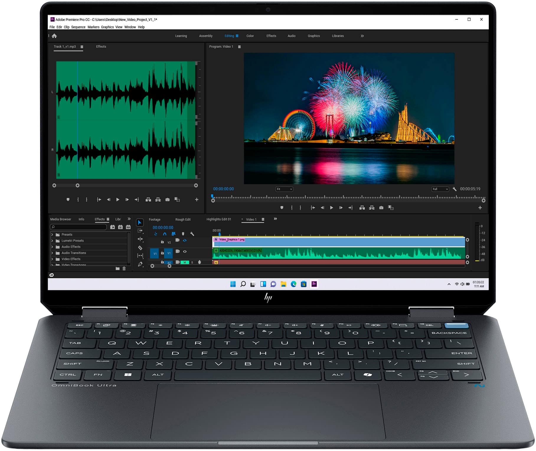 Adobe Premiere Pro is a video editing software that allows users to create and edit video projects. The image shows a laptop screen with a video project open, displaying a fireworks show in the background. The software offers various features such as audio editing, video effects, and transitions to enhance the visual and auditory aspects of the project. The user can also add markers to the timeline to track the progress of the project and make adjustments as needed. Overall, Adobe Premiere Pro is a powerful tool for video editing and production.