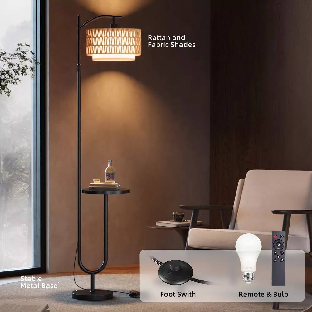 Rattan and Fabric Shades  
Stable Metal Base  
Foot Switch  
Remote & Bulb