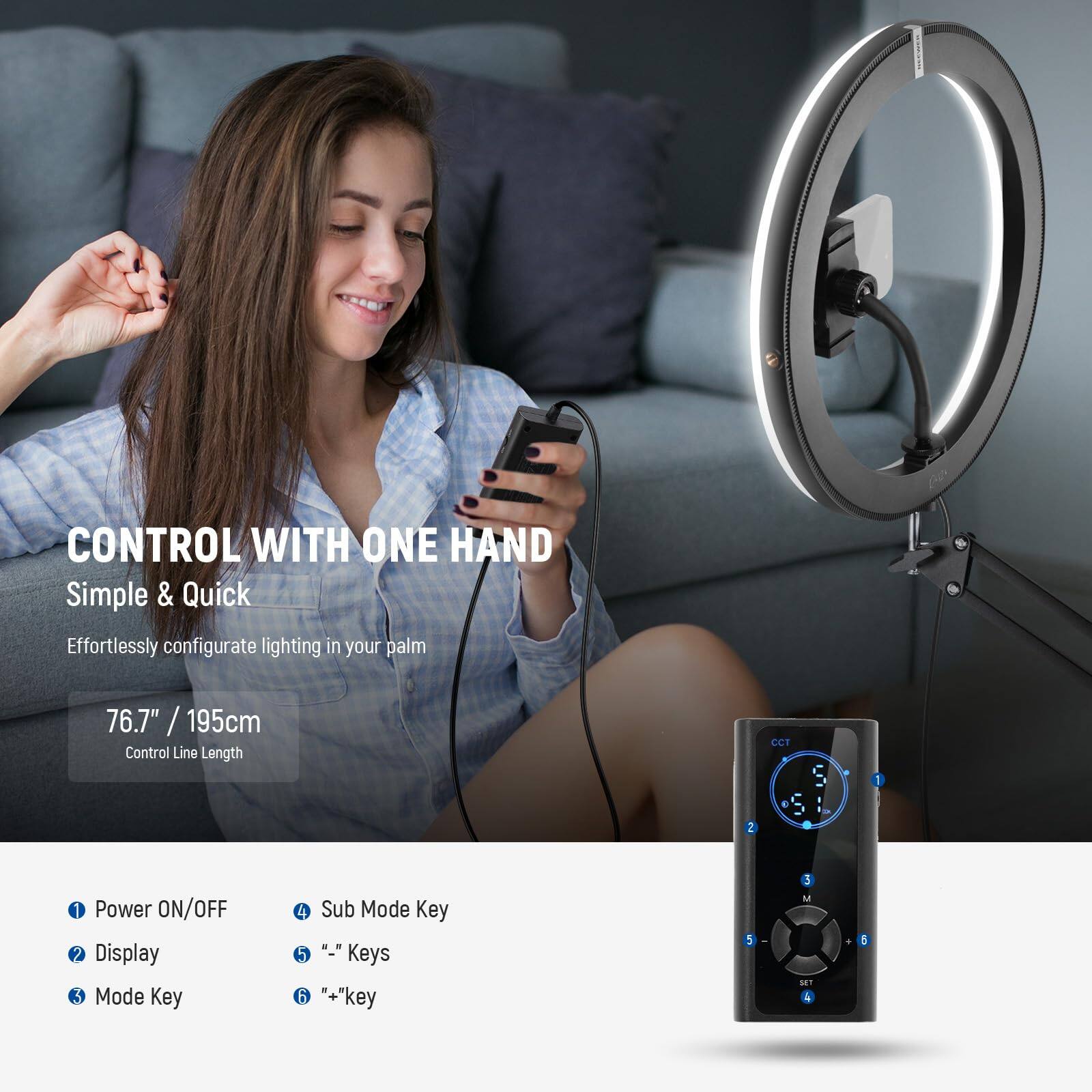 CONTROL WITH ONE HAND  
Simple & Quick  
Effortlessly configure lighting in your palm  

76.7" / 195cm  
Control Line Length  

CCT  

1. Power ON/OFF  
2. Display  
3. Mode Key  
4. Sub Mode Key  
5. "-" Keys  
6. "+" Key