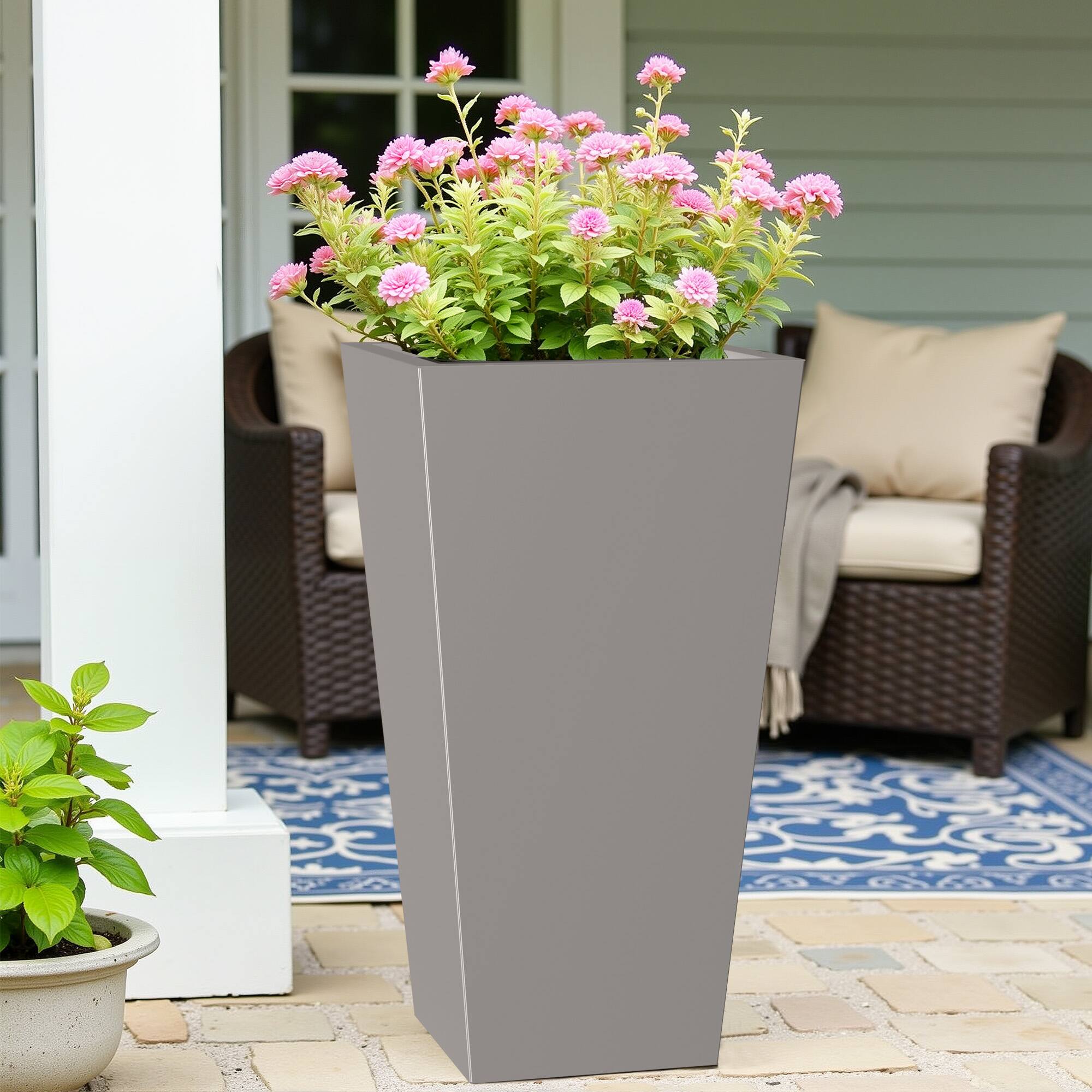 Alt View 4. PexFix - 28 in. H Metal Tapered Planter Pot with Drainage Hole – Indoor/Outdoor Planter Box for Patio, Entryway, Balcony, Garden - Gray.