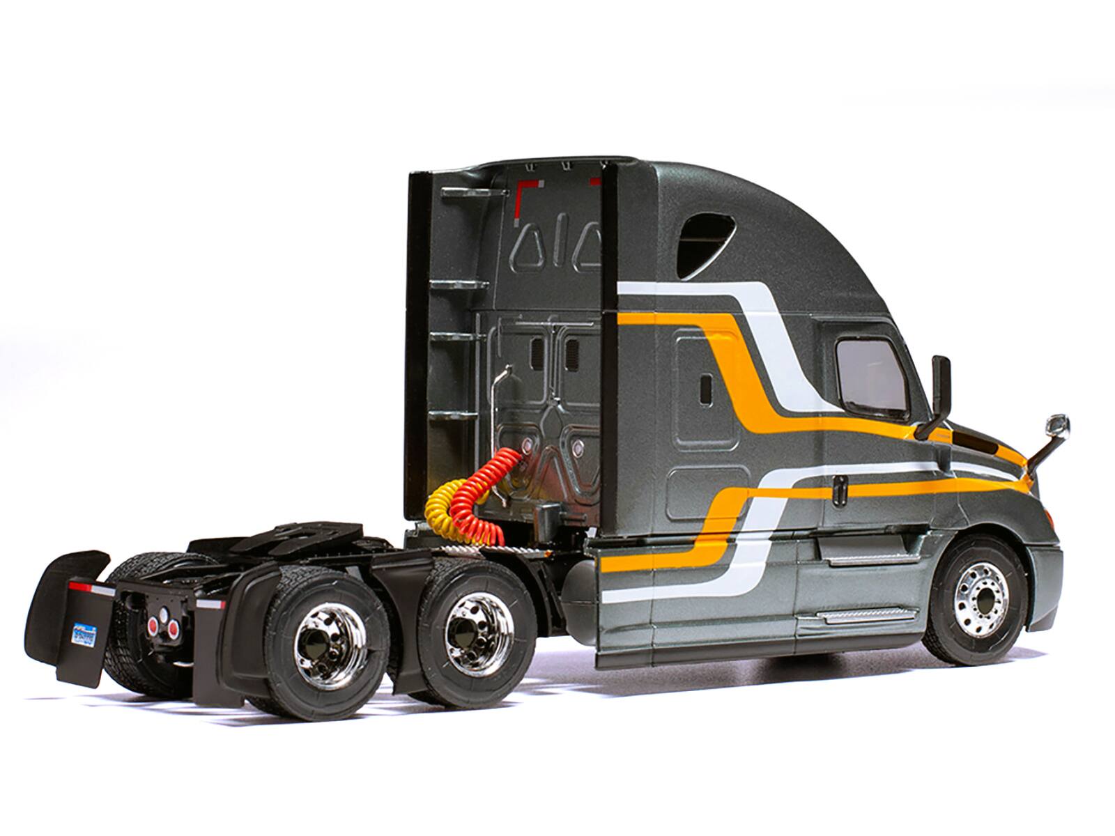 Left. IXO - 2018 Freightliner Cascadia Truck Tractor Gray Metallic with Stripes 1/43 Diecast Model by IXO Models - Grey, Yellow, White.