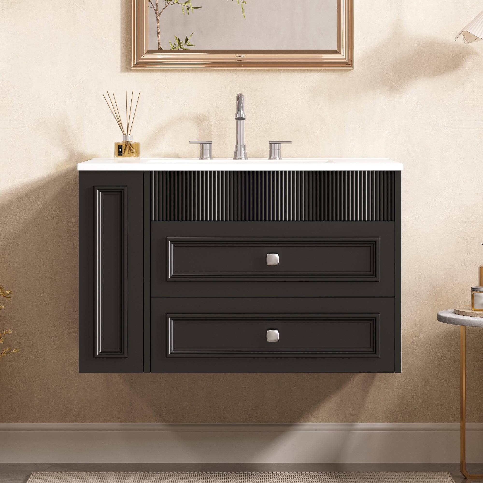 Alt View 5. Boyel Living - 30 Inch Wall Mounted Bathroom Vanity with Ceramic Sink and Two Drawers Black - Black.