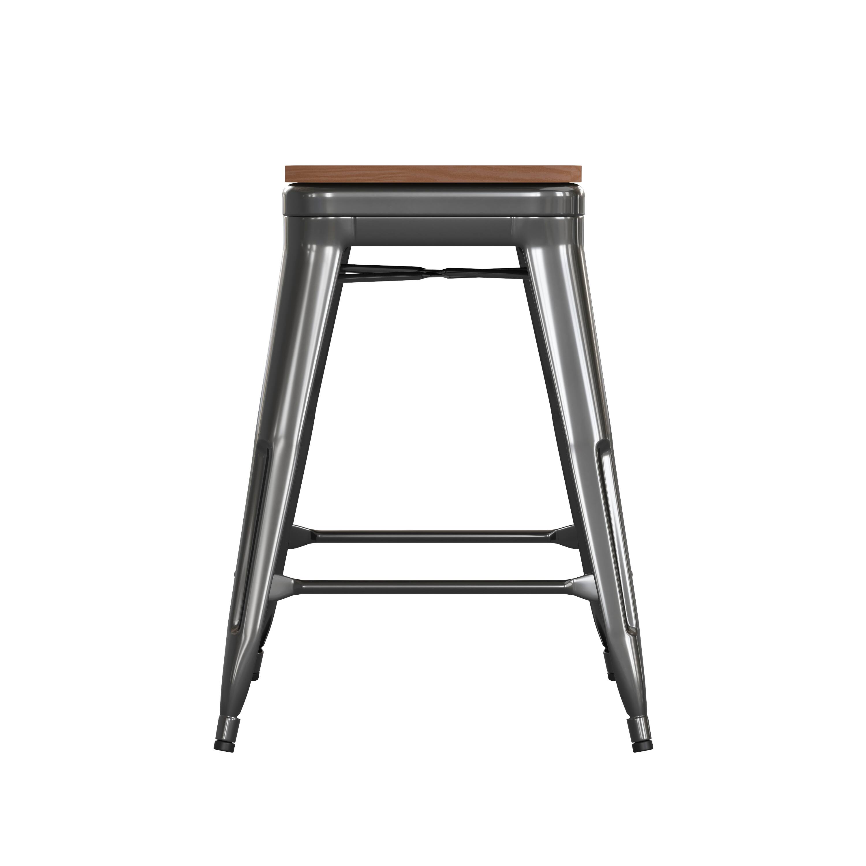 Alt View 8. Emma + Oliver - Kam Backless Metal Indoor-Outdoor Stool with All-Weather Polystyrene Seat - Teak Seat/Black Frame.