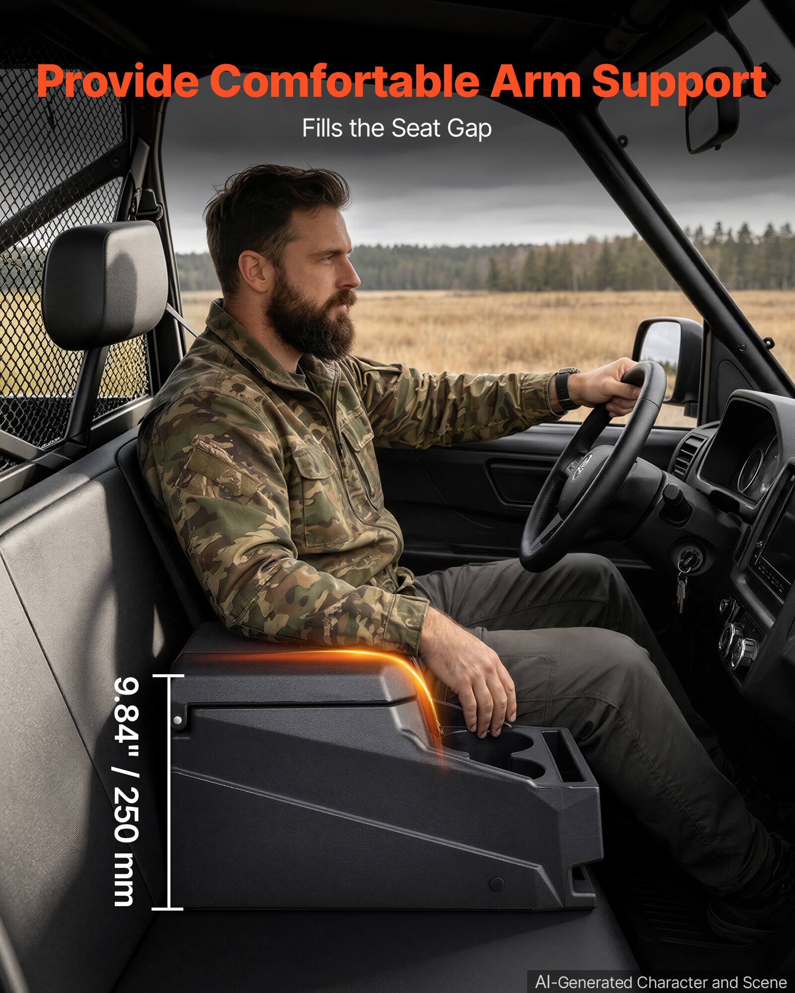 Provide Comfortable Arm Support  
Fills the Seat Gap  
9.84" / 250 mm  
AI-Generated Character and Scene