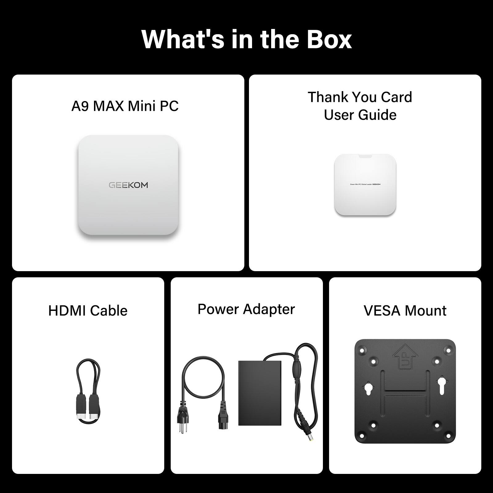 What's in the Box

- A9 MAX Mini PC
- Thank You Card User Guide
- HDMI Cable
- Power Adapter
- VESA Mount