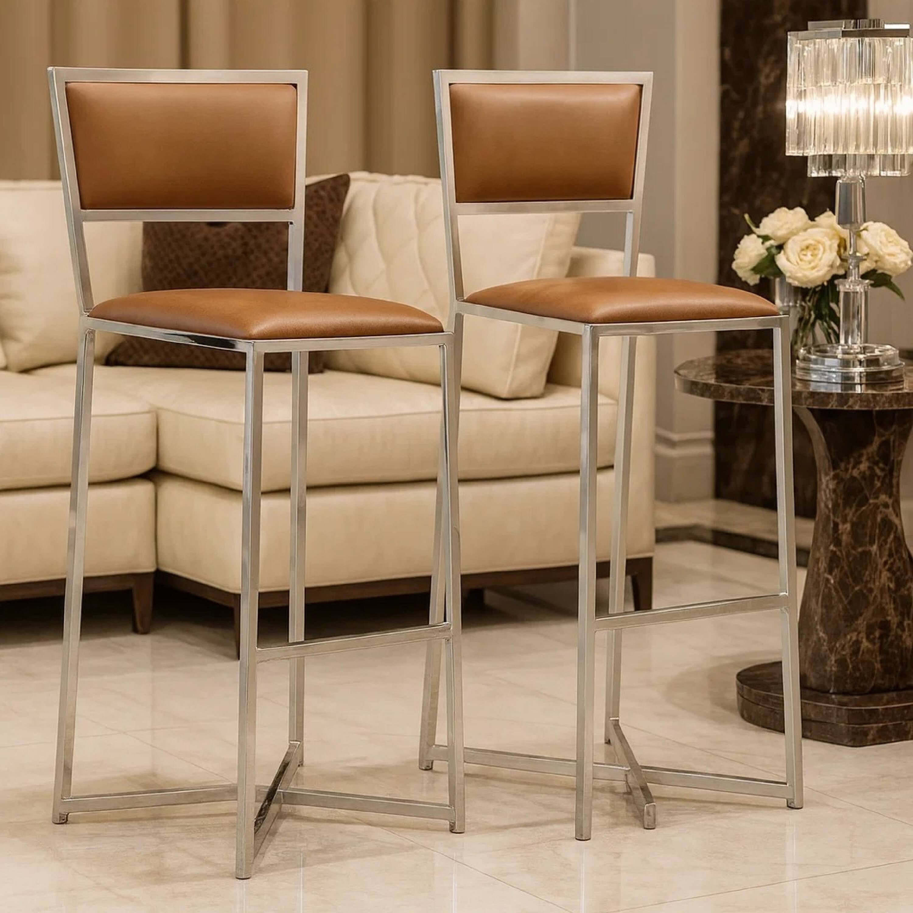 Alt View 3. Manhattan Lane - Eun 30 Inch Faux Leather Barstool, Chrome Cross Base, Set of 2 - Brown and Chrome.