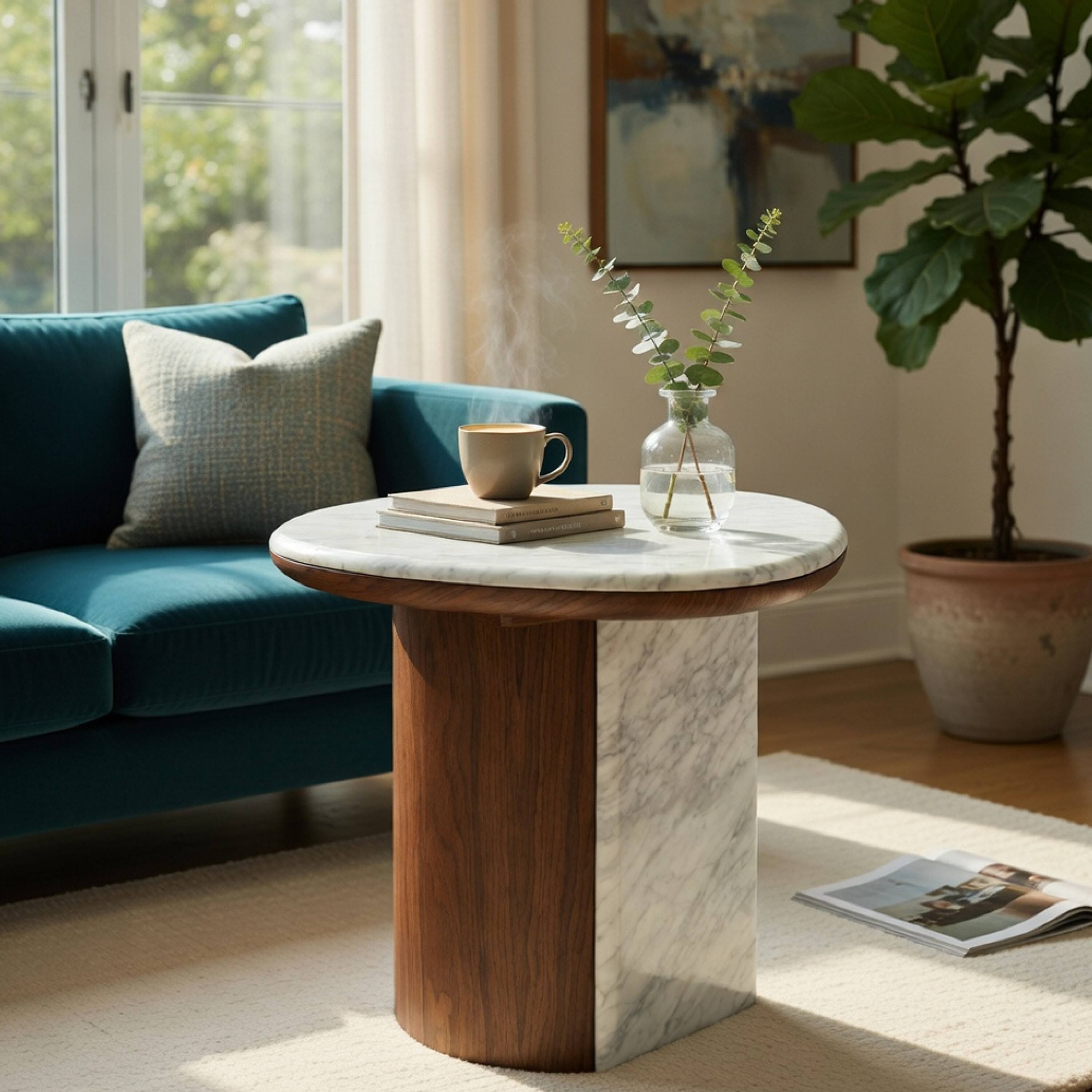 Alt View 8. Manhattan Lane - Jima Side End Table, 20 Inch White Marble Top, Brown Veneer Base - White, Gray, Brown.