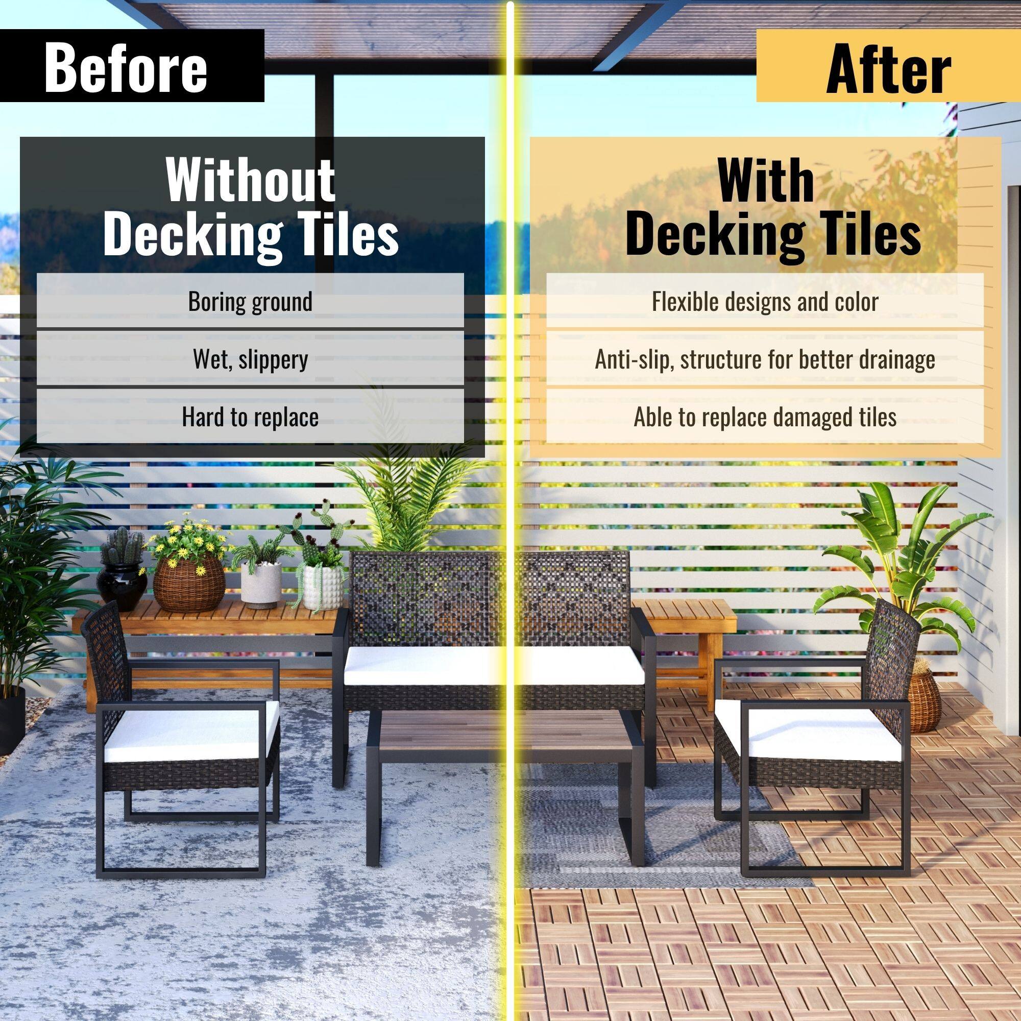 **Before: Without Decking Tiles**
- Boring ground
- Wet, slippery
- Hard to replace

**After: With Decking Tiles**
- Flexible designs and colors
- Anti-slip structure for better drainage
- Able to replace damaged tiles