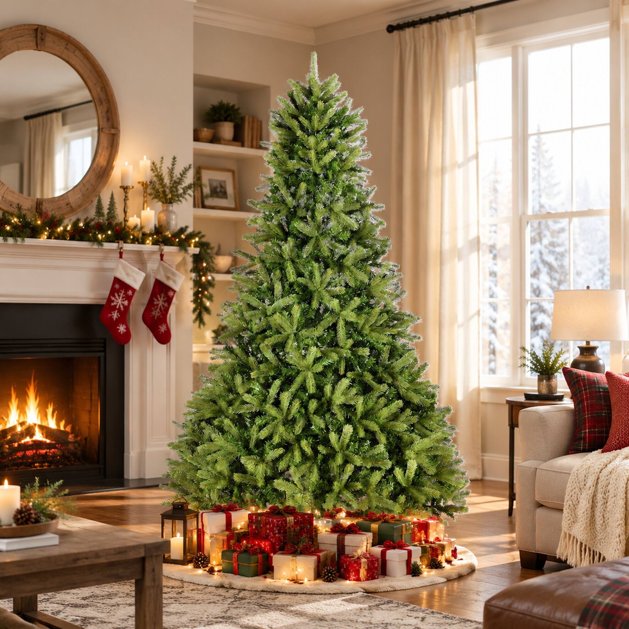 Angle. RYHNUYNE - 9FT Unlit Artificial Christmas Tree With 2576 Mixed PE and PVC Tips, Hinged Spruce Branches and Metal Stand - Green.