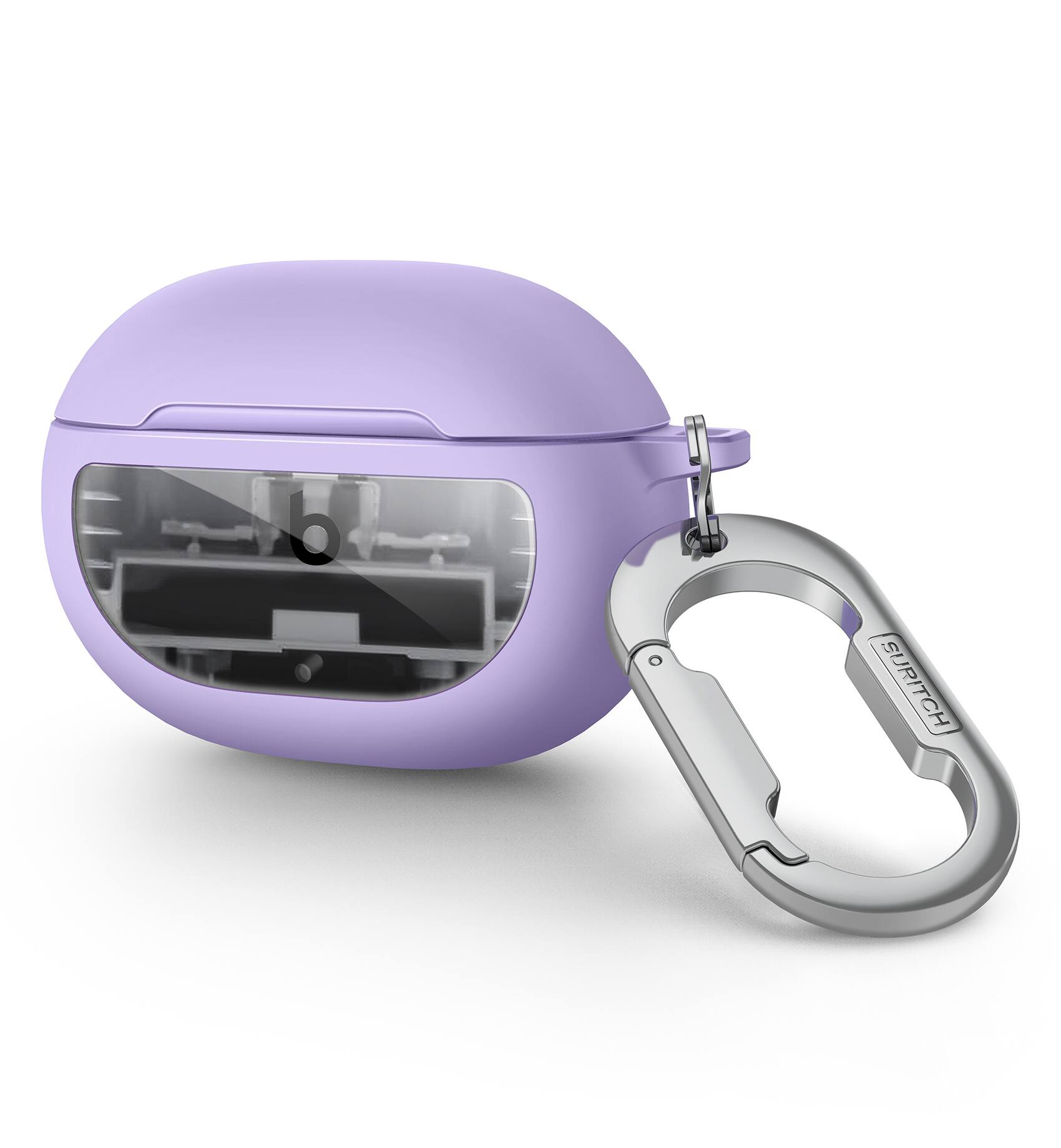 Angle. SURITCH - Protective Case for Beats Studio Buds 2021, Studio Buds+ Plus 2023 with Carabiner Keychain, Skin-Friendly TPU Shockproof - Purple.
