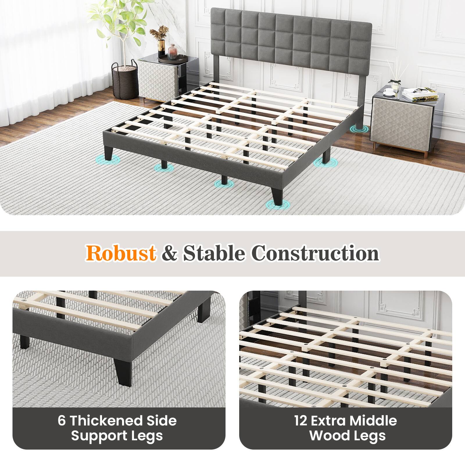 Robust & Stable Construction
6 Thickened Side Support Legs
12 Extra Middle Wood Legs